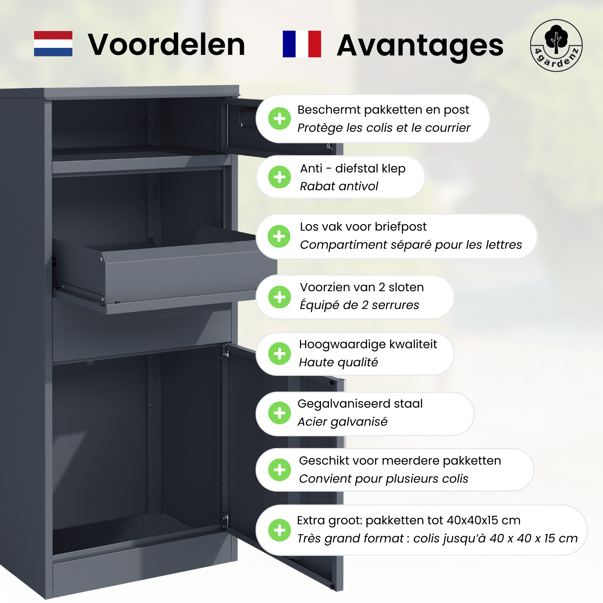 4gardenz® Pakketbrievenbus met apart Postvak - Anti-diefstal - Staande Pakketbox - Antraciet 4gardenz® Pakketbrievenbus met apart Postvak - Anti-diefstal - Staande Pakketbox - Antraciet