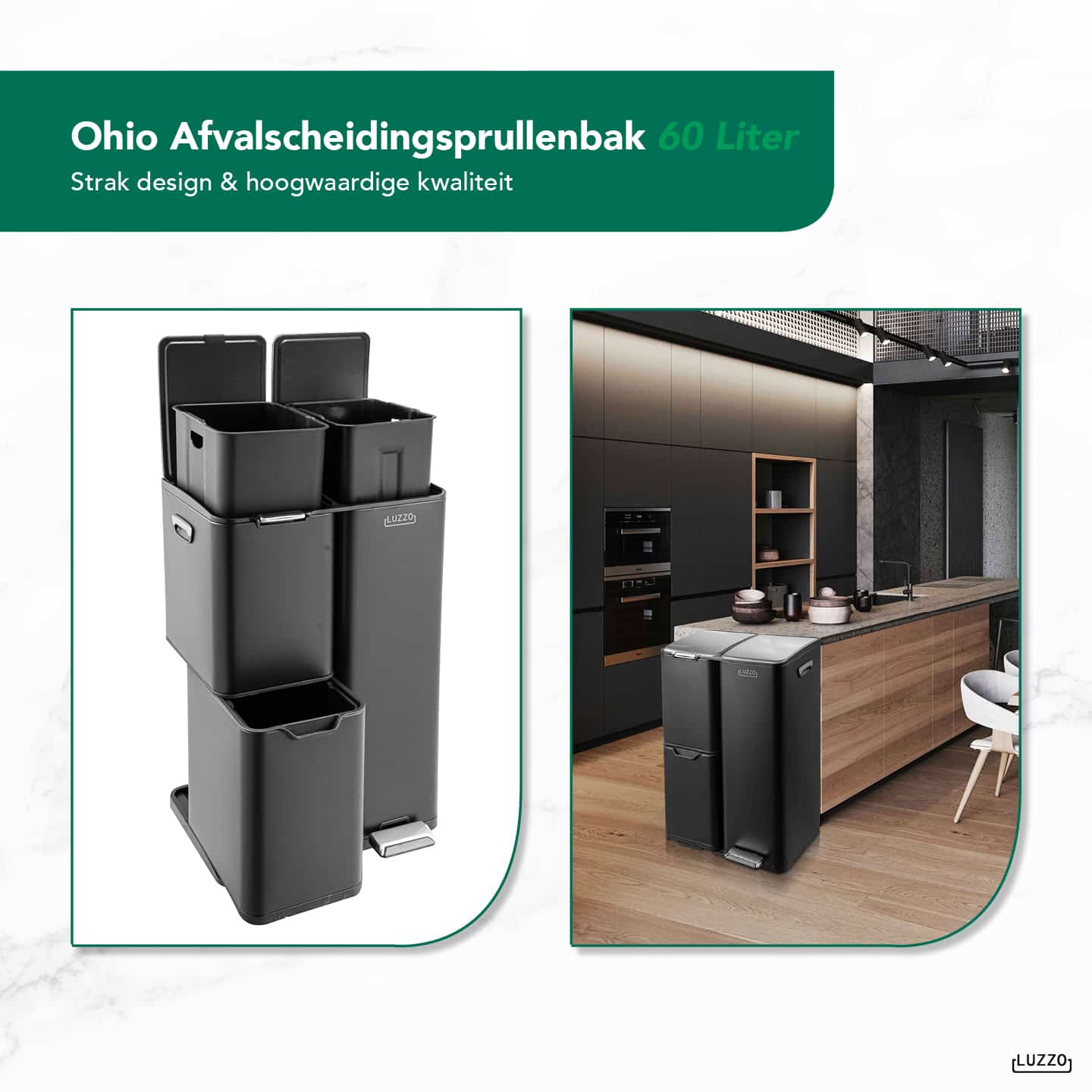 Luzzo® Ohio 60 ltr Afvalscheidingsprullenbak RVS – Pedaalemmer met Soft Close Deksel - Afval Scheiden 3 bakken - Zwart