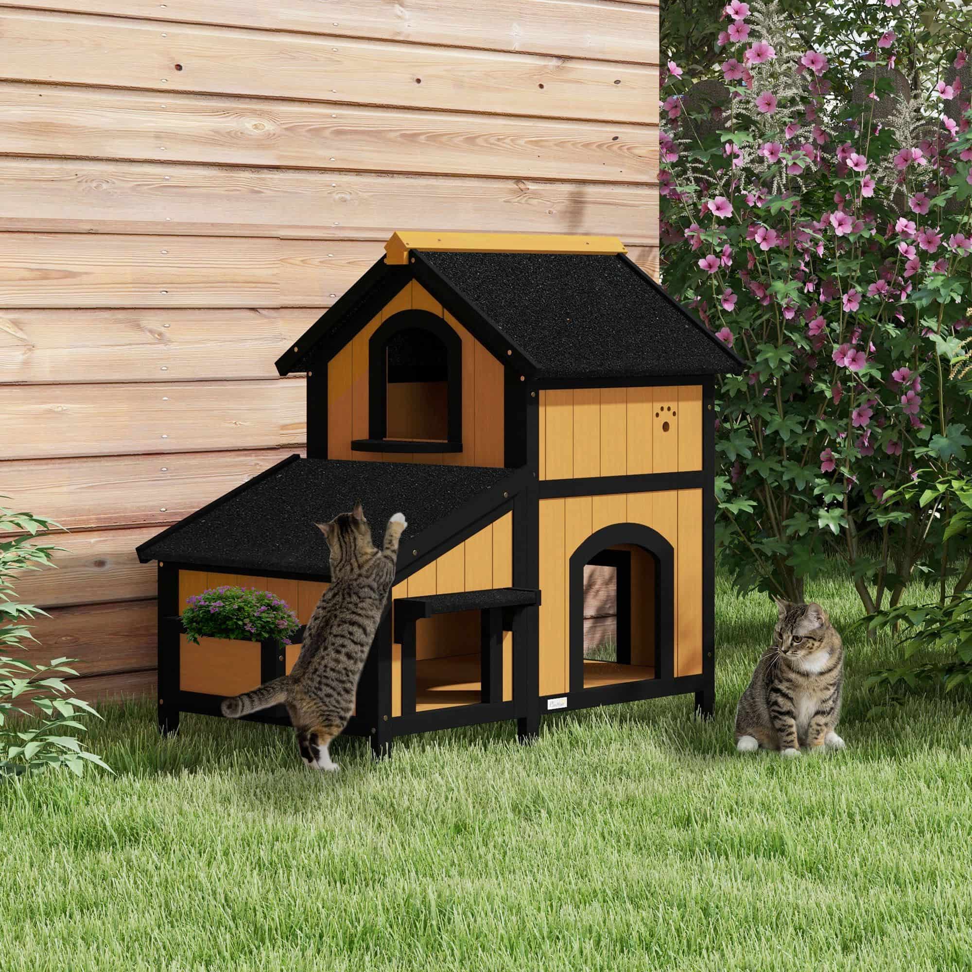 Kattenhuis Kattenhut met Bloembak - 96x65x85 cm - Geel + Zwart Kattenhuis Kattenhut met Bloembak - 96x65x85 cm - Geel + Zwart