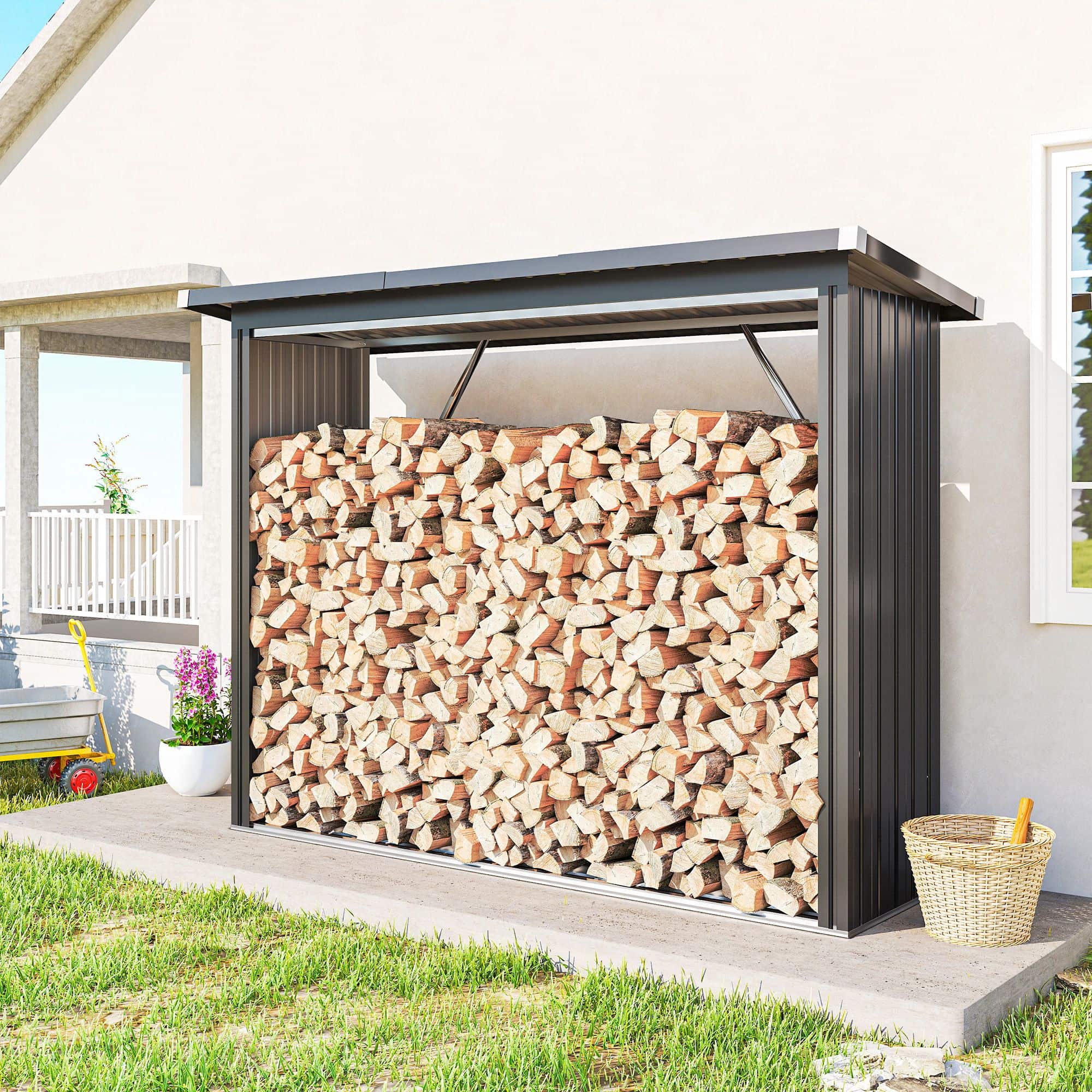 4goodz Houtopslag Gegalvaniseerd Staal met Schuin dak – 66x213x150 cm - Donkergrijs