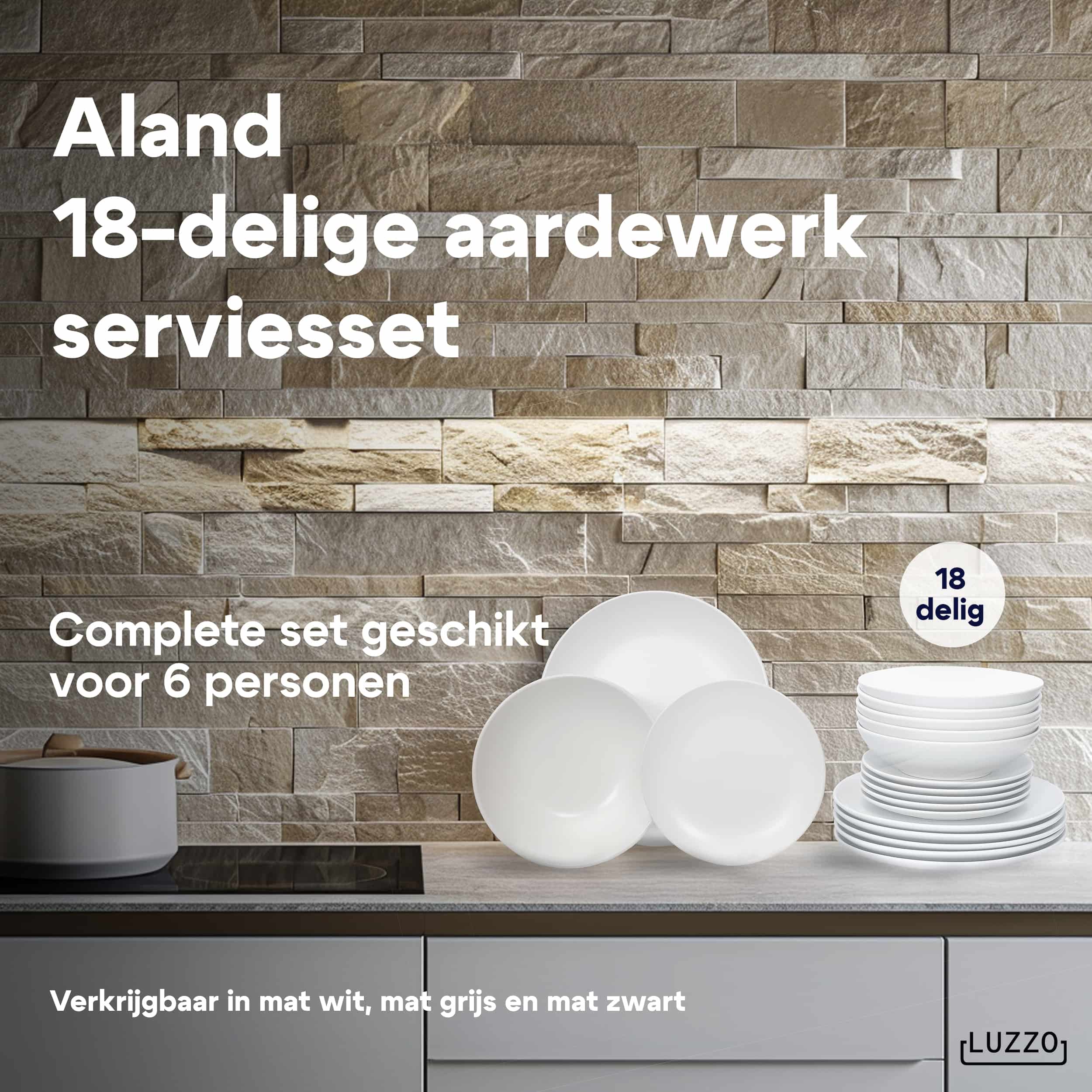 Luzzo® Serviesset Aland 6 persoons Aardewerk - 18-delig met Pastaborden - Mat Wit