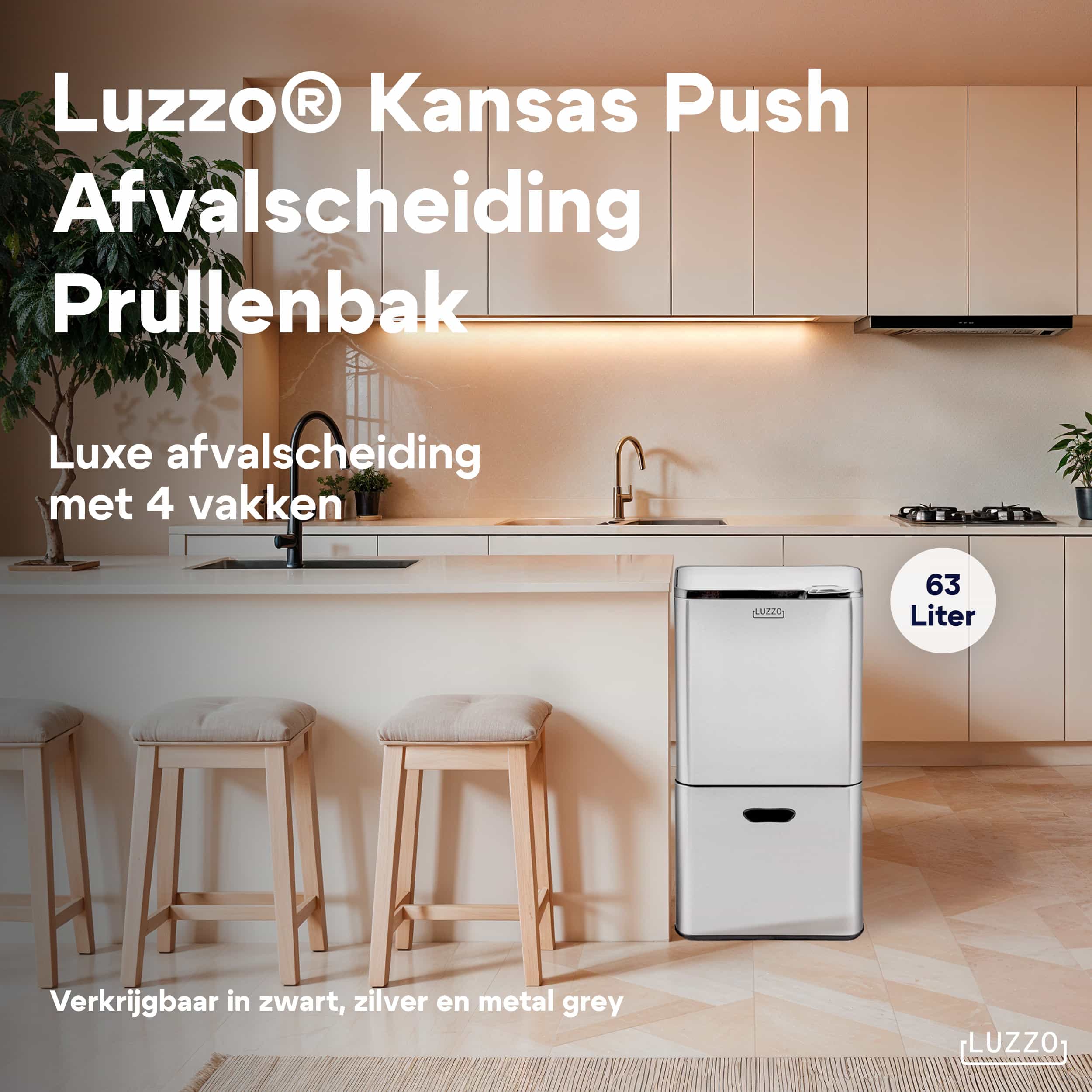 Luzzo® Kansas Push Prullenbak 63 liter Afvalscheiding 4 vakken - Afval Scheiden - Metal Grey