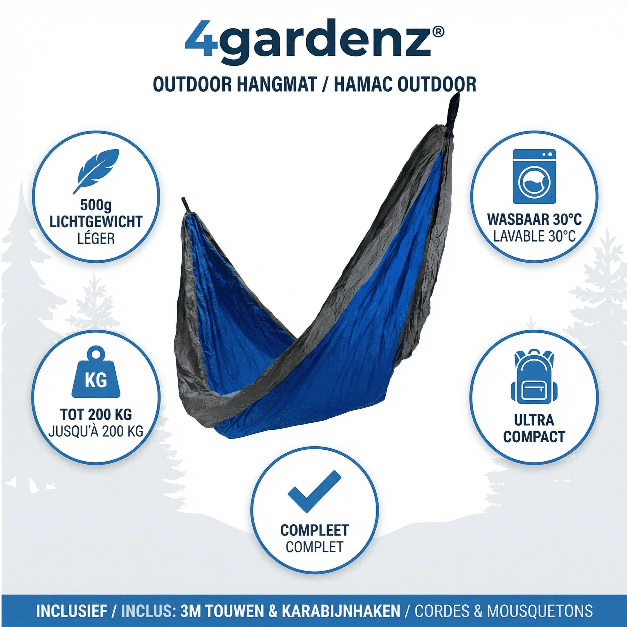 4gardenz® Outdoor Hangmat – Parachutestof – 270 cm – Compact & Sterk - Blauw 4gardenz® Outdoor Hangmat – Parachutestof – 270 cm – Compact & Sterk - Blauw