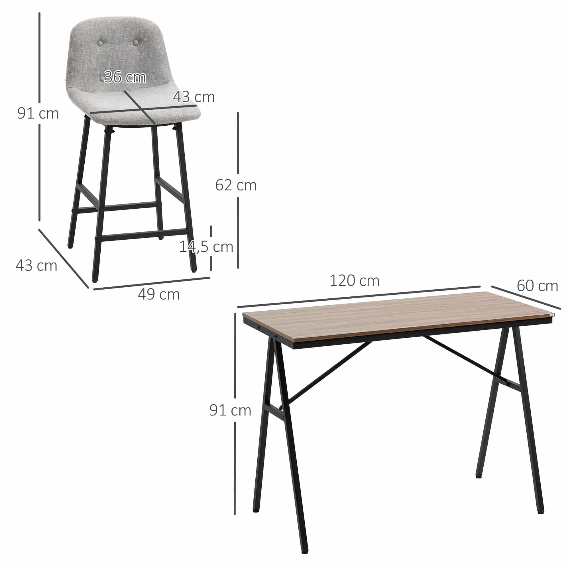 5-delige Bartafel met 4 Stoelen - Comfortabele Dikke Linnenlook Stoelbekleding - Grijs