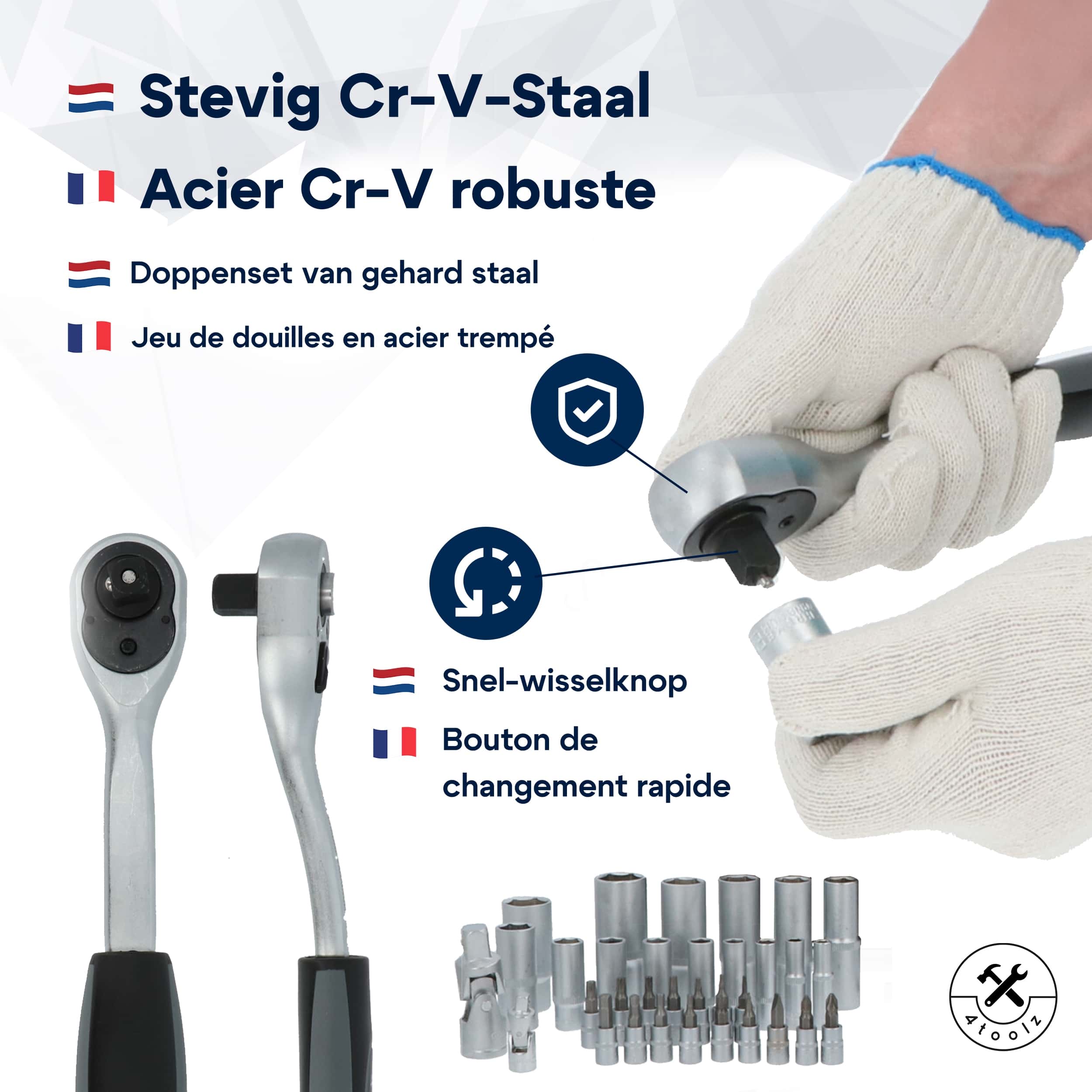 4toolz ® Doppenset 108-delig in Koffer - 72 tands Ratels 1/2" en 1/4'' Doppen en Bit-set