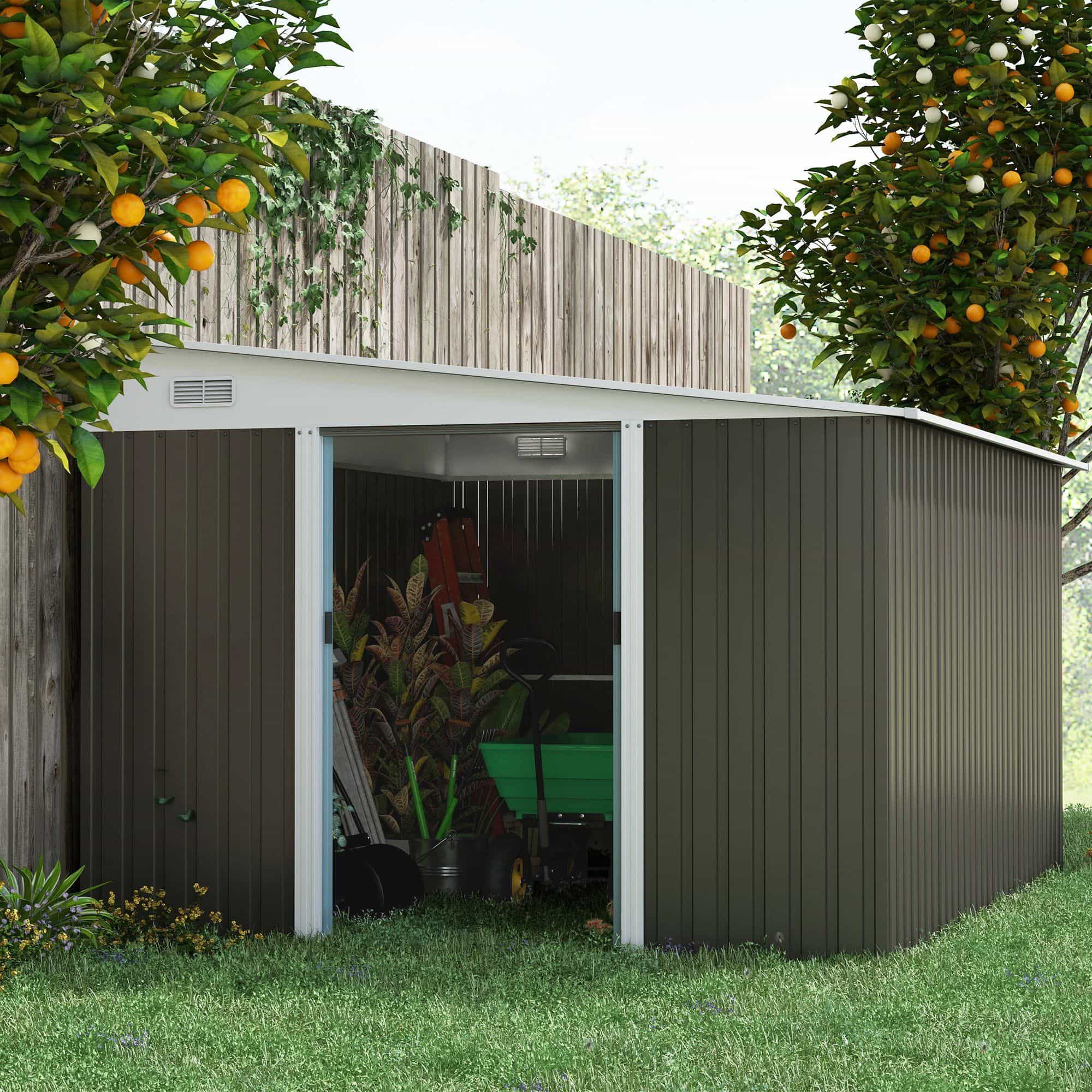Metalen Tuinschuur met Schuin Dak - Dubbele Vergrendelbare Deuren - 2,8 x 3,45 x 2,01m - Grijs