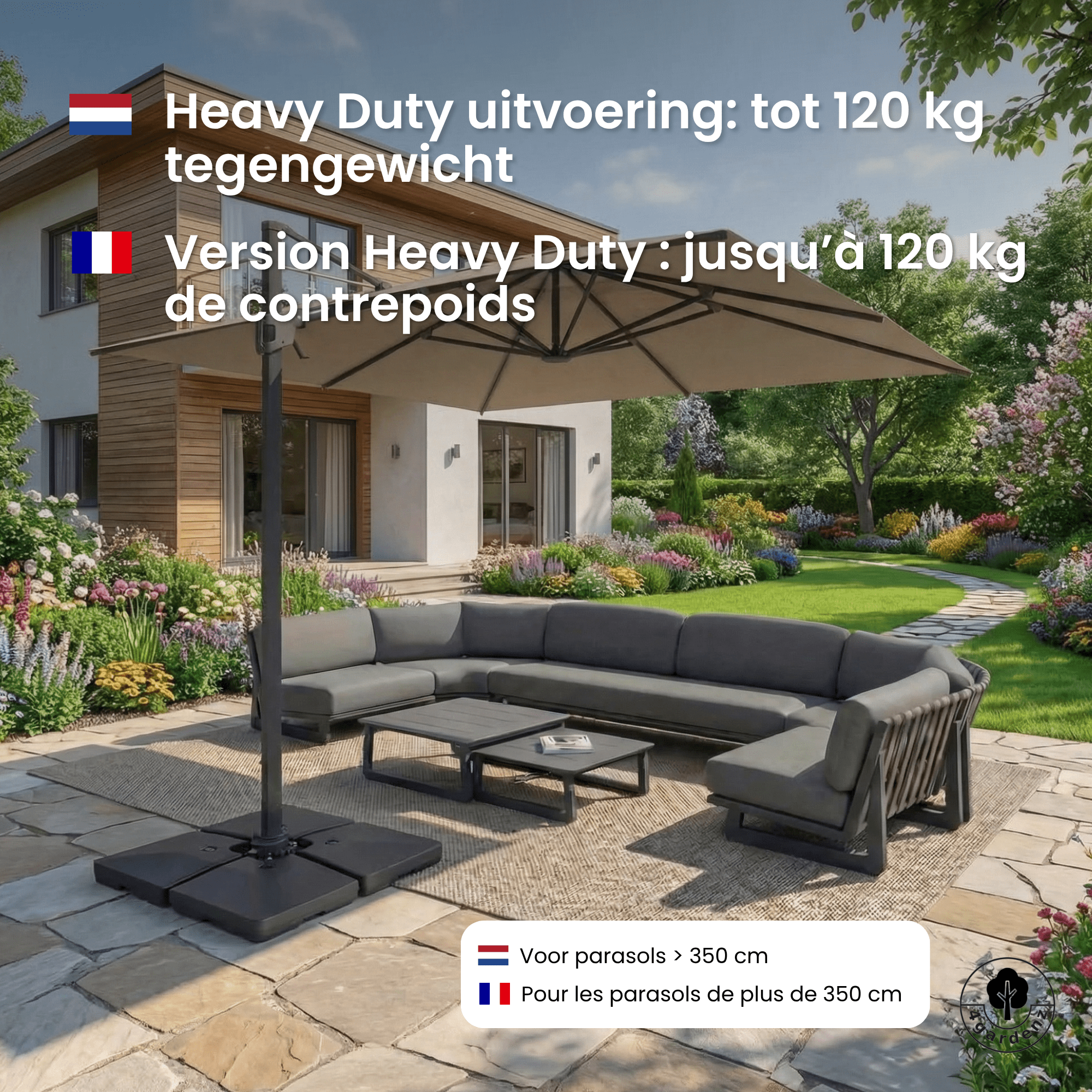 4gardenz® Parasolvoet-tegels Vulbaar 120 kg – 4-delige set voor Zweefparasols en Grote Parasols inclusief metalen klemmen