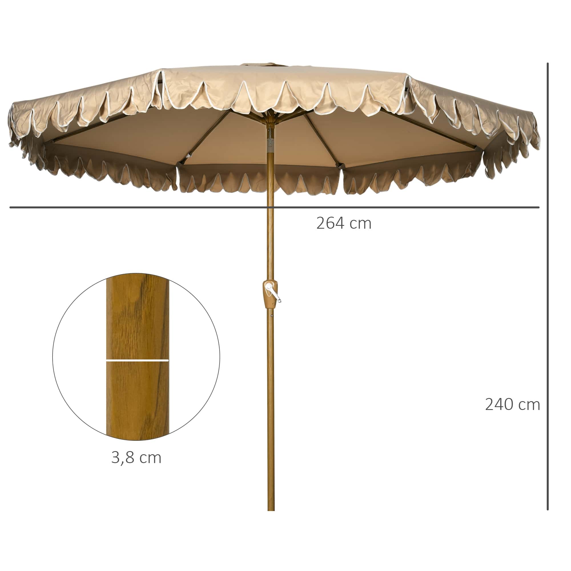 4goodz Parasol met Volant en kantfranjes Ø264 cm - kantelbaar - Houtlook - kaki