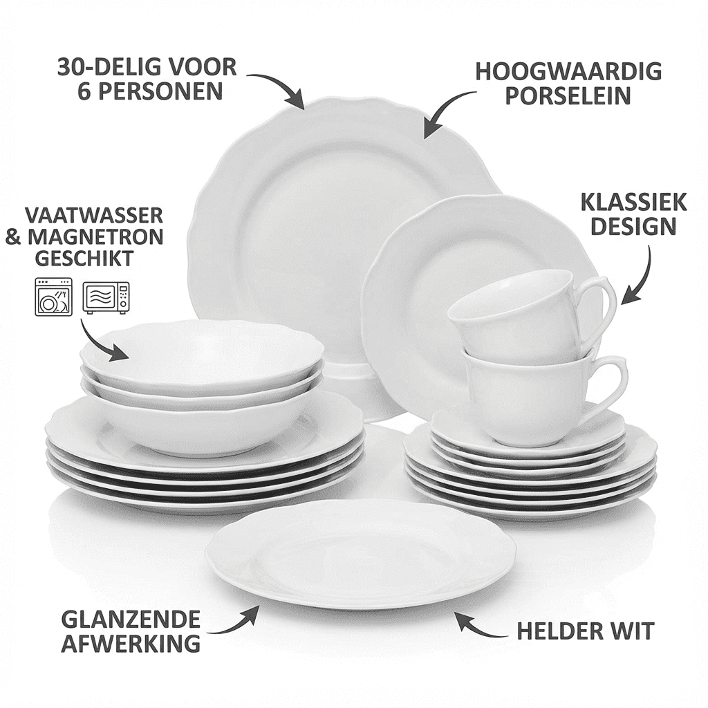Serviesset 6 persoons Alma - Klassiek Servies Porselein 30-delig - Wit Serviesset 6 persoons Alma - Klassiek Servies Porselein 30-delig - Wit