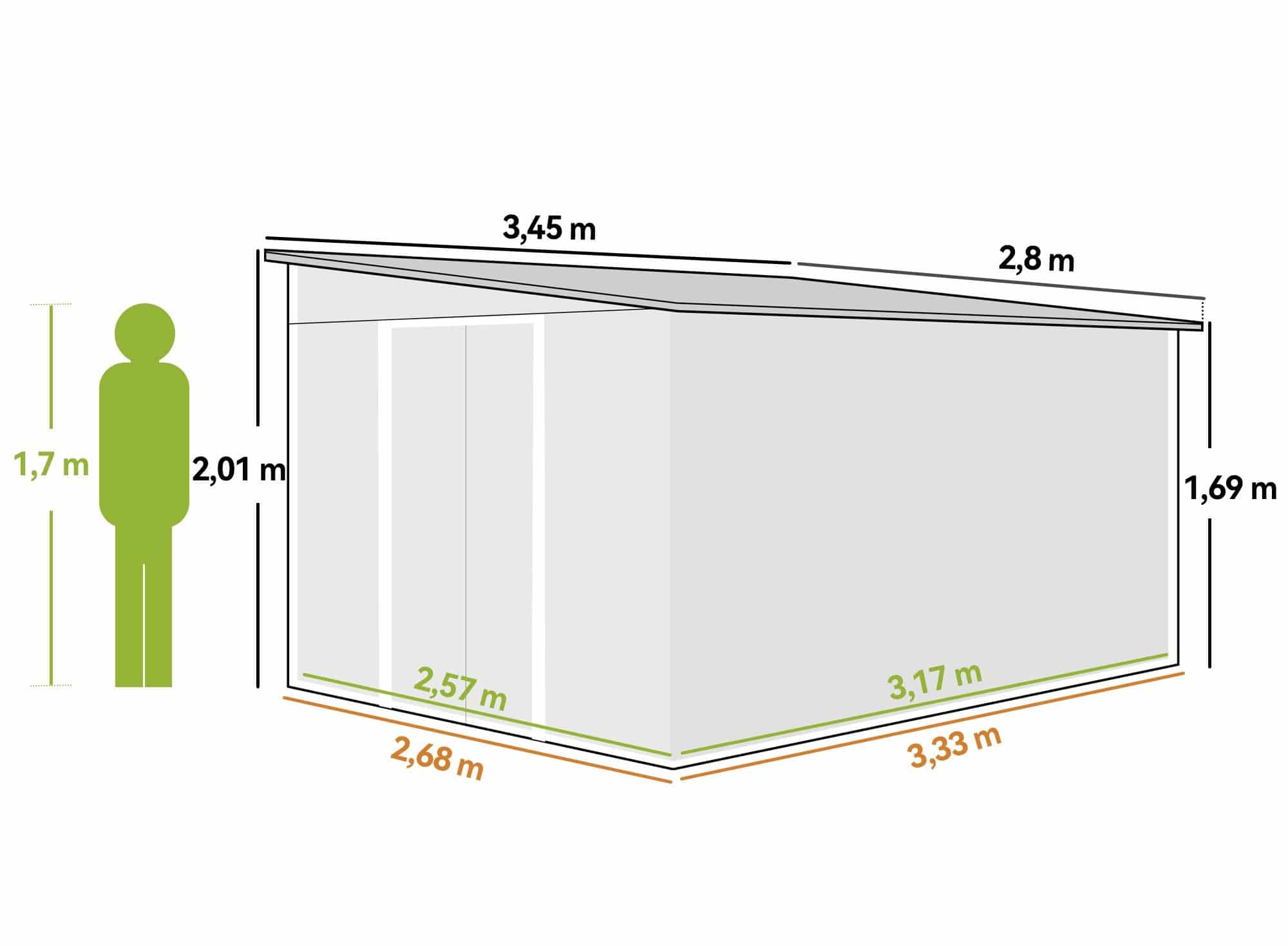 Metalen Tuinschuur met Schuin Dak - Dubbele Vergrendelbare Deuren - 2,8 x 3,45 x 2,01m - Grijs