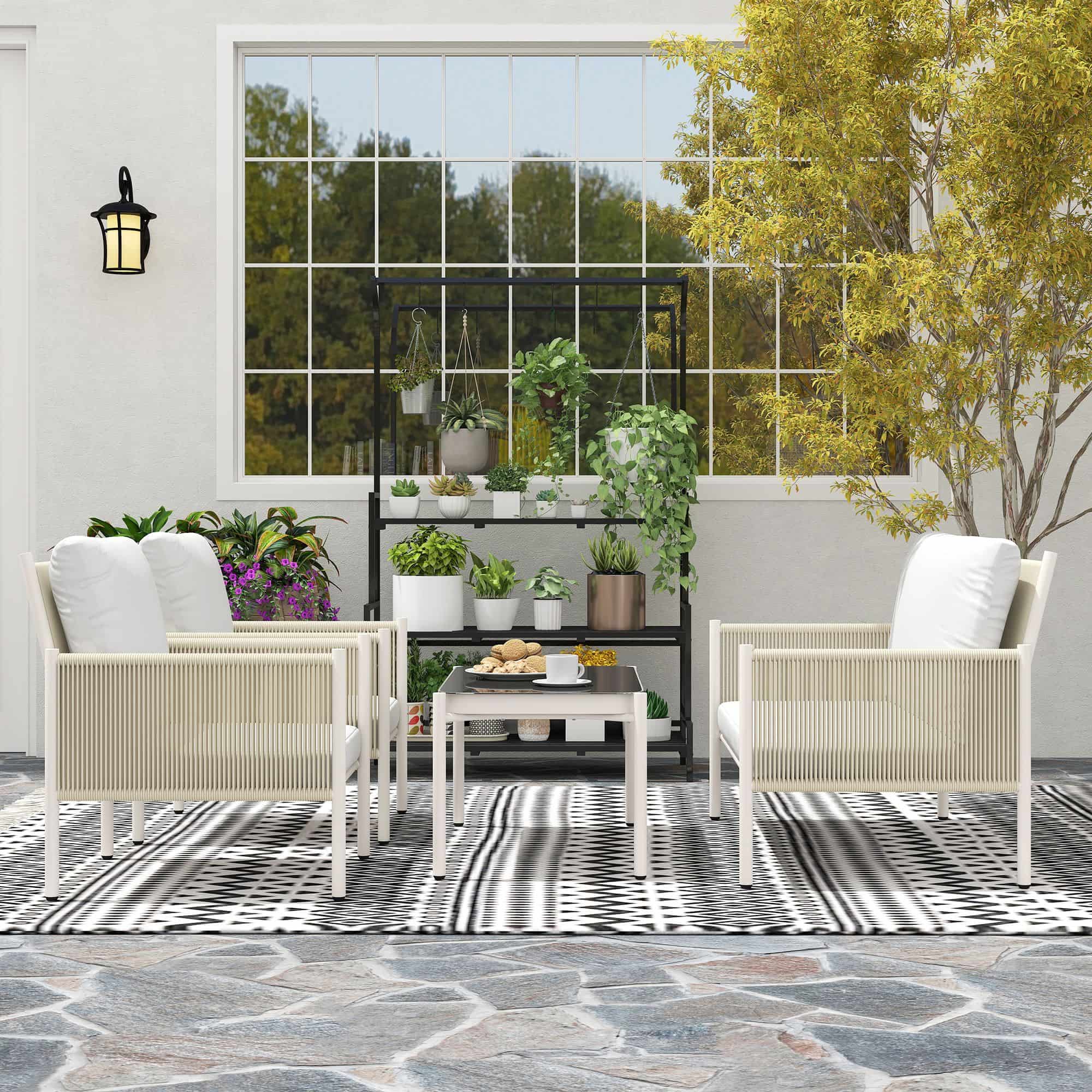 4goodz Tuinmeubelset 4-delig met salontafel bank en 2 stoelen - Zand/grijs