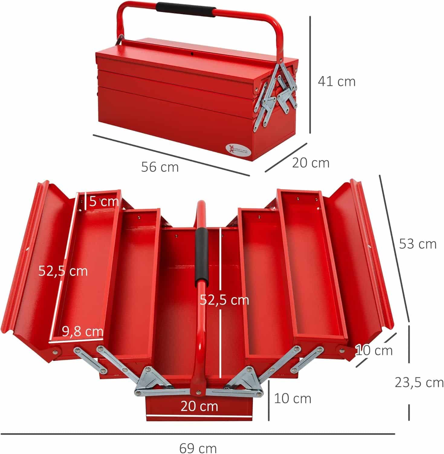 Gereedschapskist Metaal met 5 vakken - zonder gereedschap - Rood