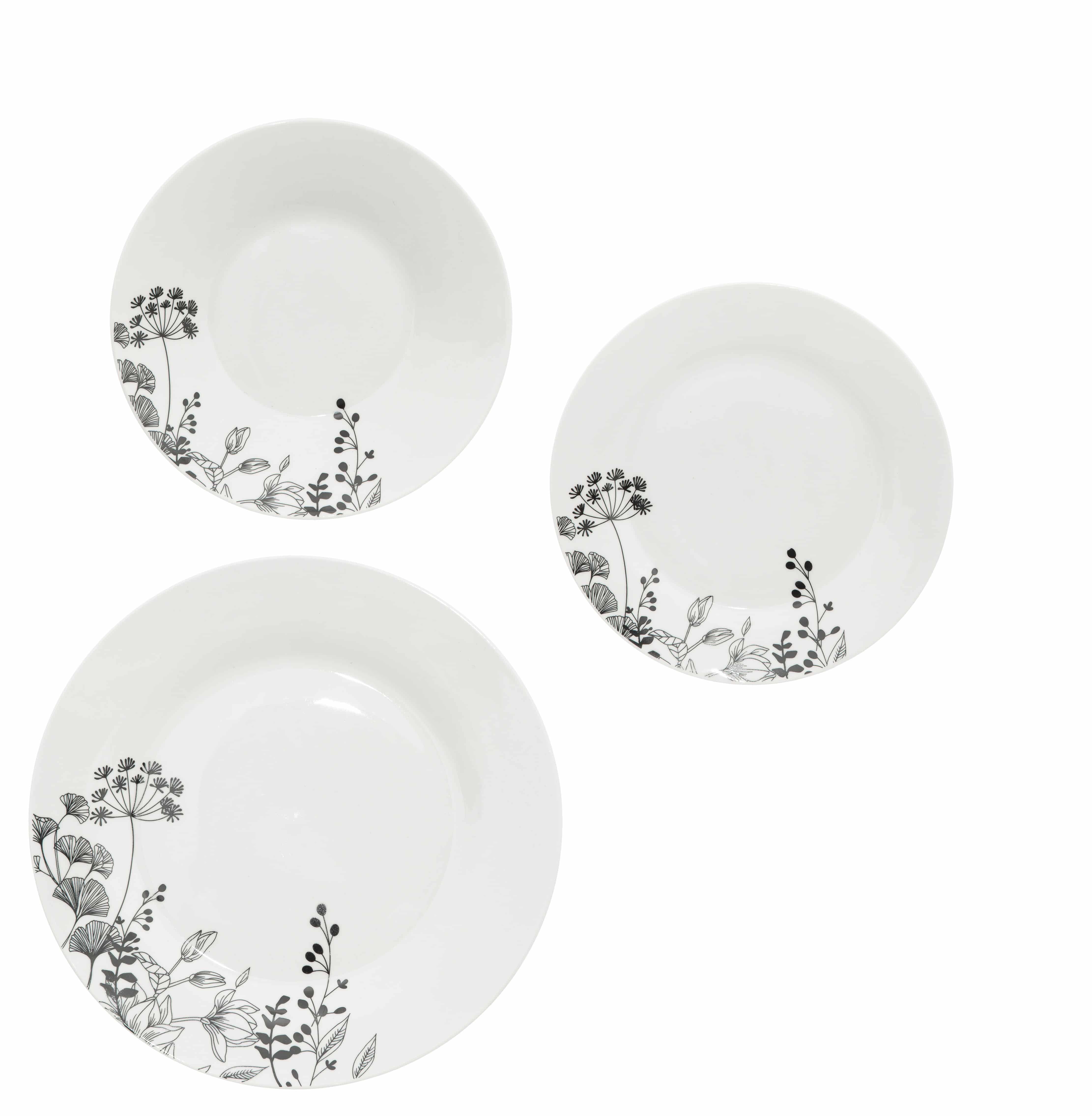 4goodz Wild Flower Porseleinen Servies set 6-persoons 18-delig - Wit/Zwart