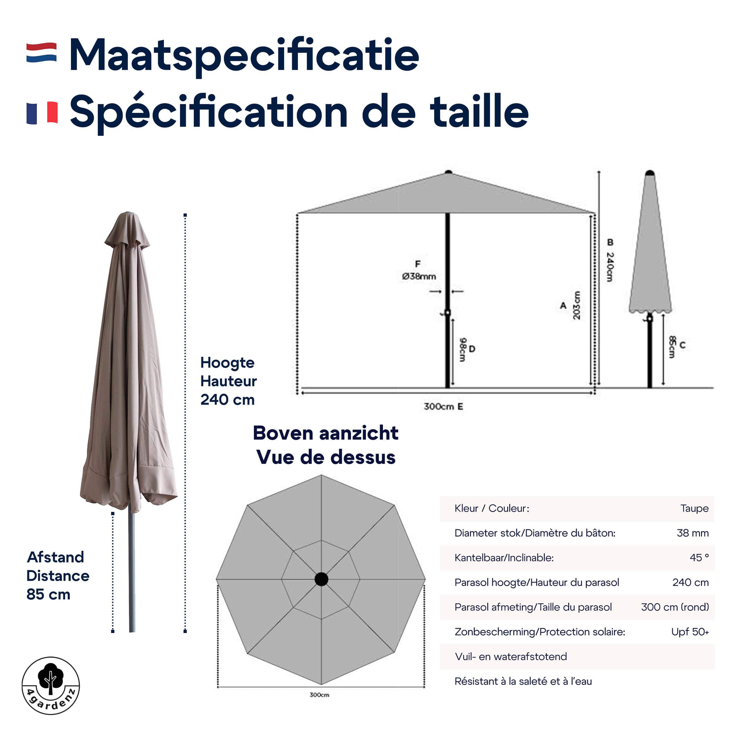 4gardenz® Parasol Rechthoek 150x250cm Kantelbaar - Balkonparasol Taupe