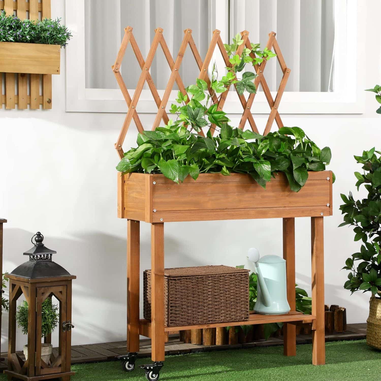 Verhoogde Plantenbak met Plantenrek en opbergplank op Wielen