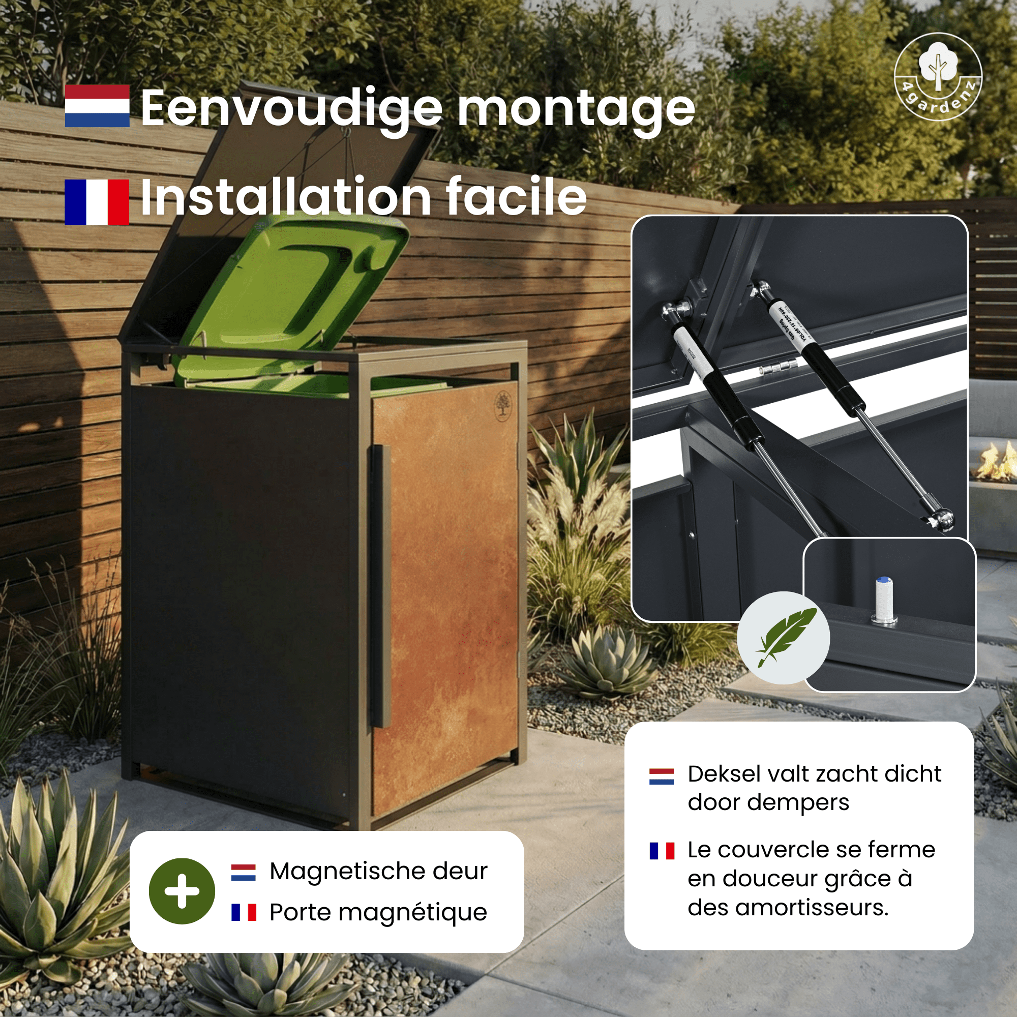 4gardenz® Slimline Kliko Containerombouw 4 Afvalbakken - Antraciet/Cortenstaal Roest-look