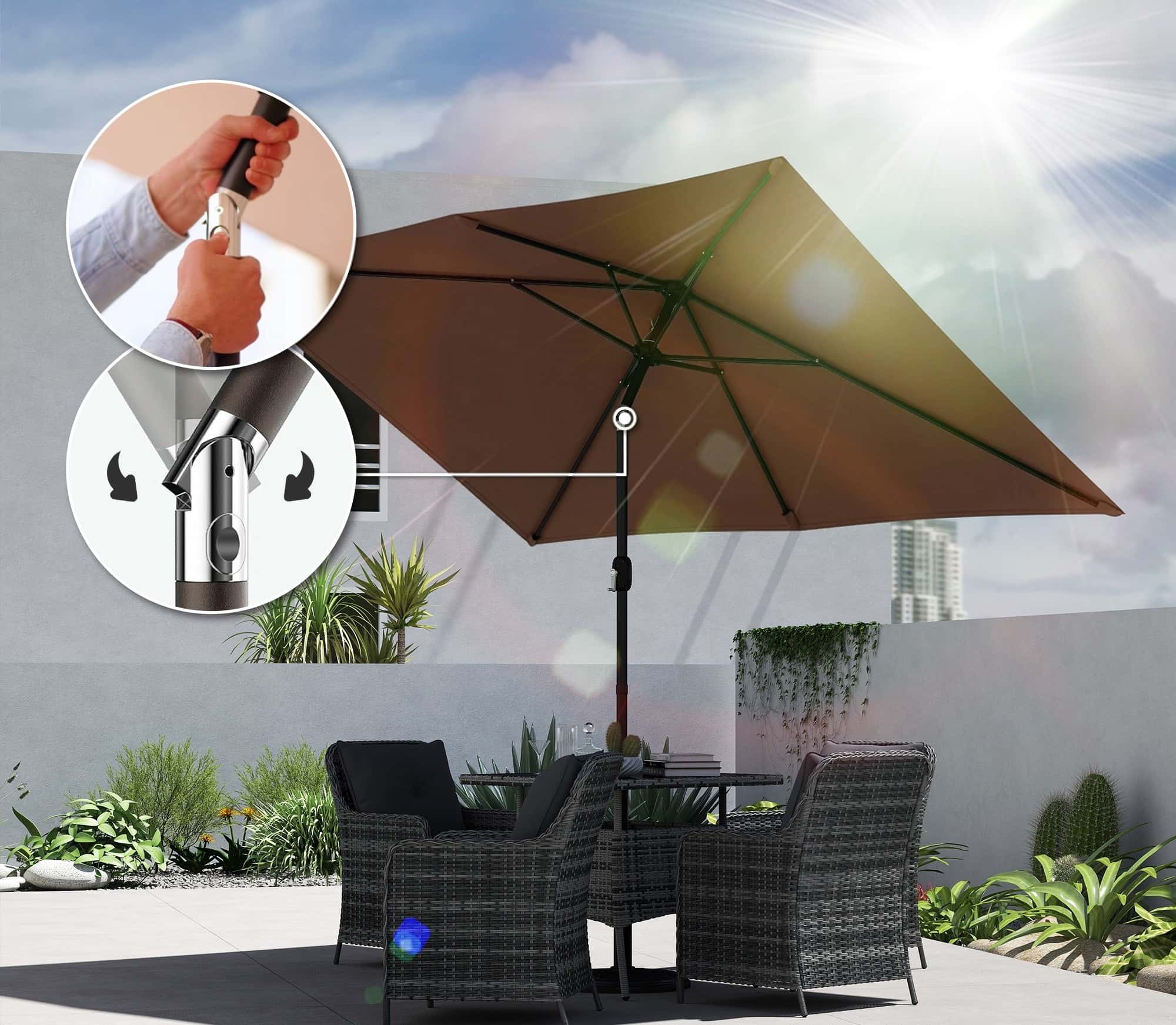 4goodz Parasol 300 x 200 cm - kantelbare balkonparasol met draaihendel - Bruin