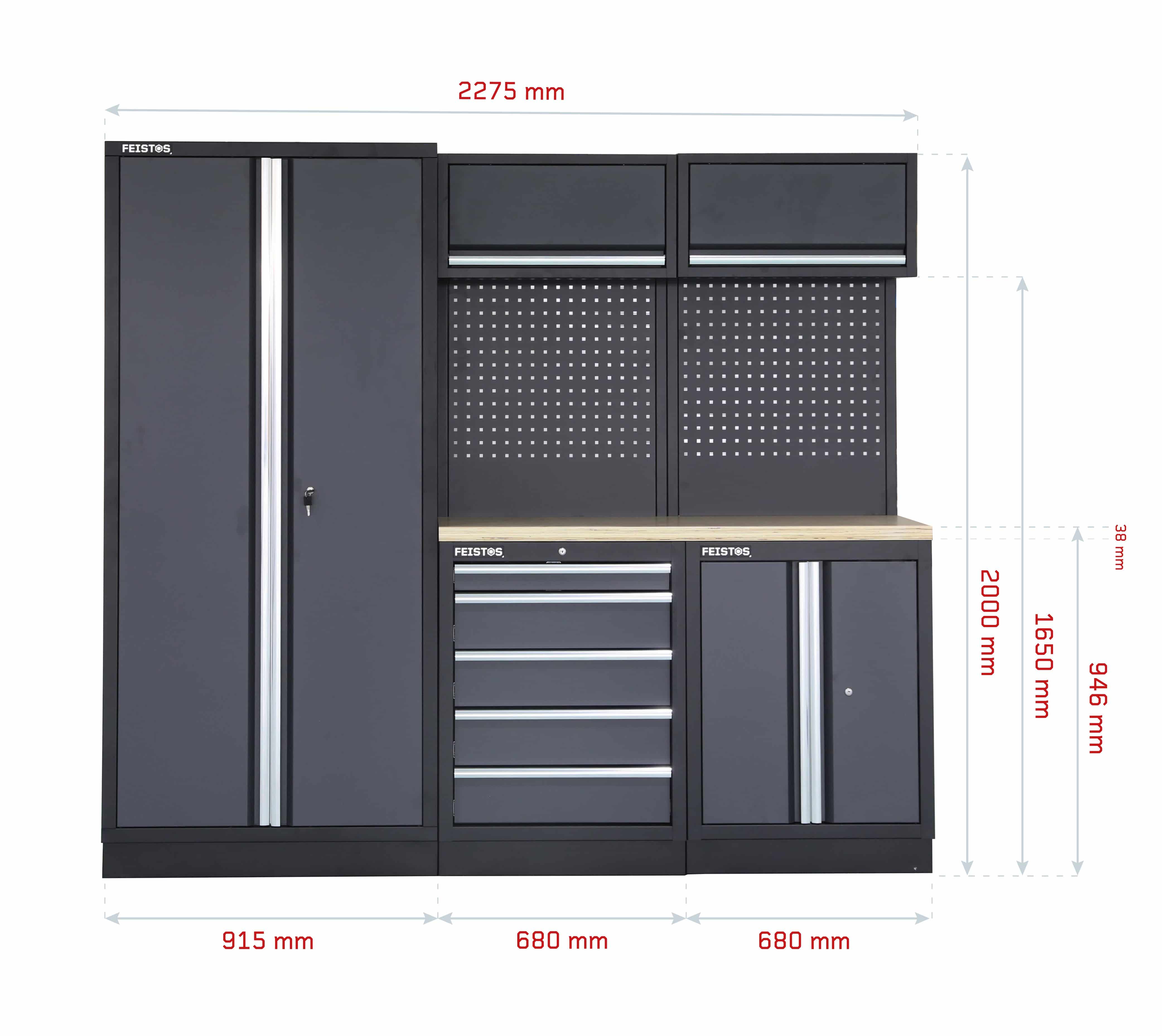 FEISTOS Gereedschapskast Apollo 1 | inclusief geperforeerde wand | Grijs/zwart | 228x46x200cm