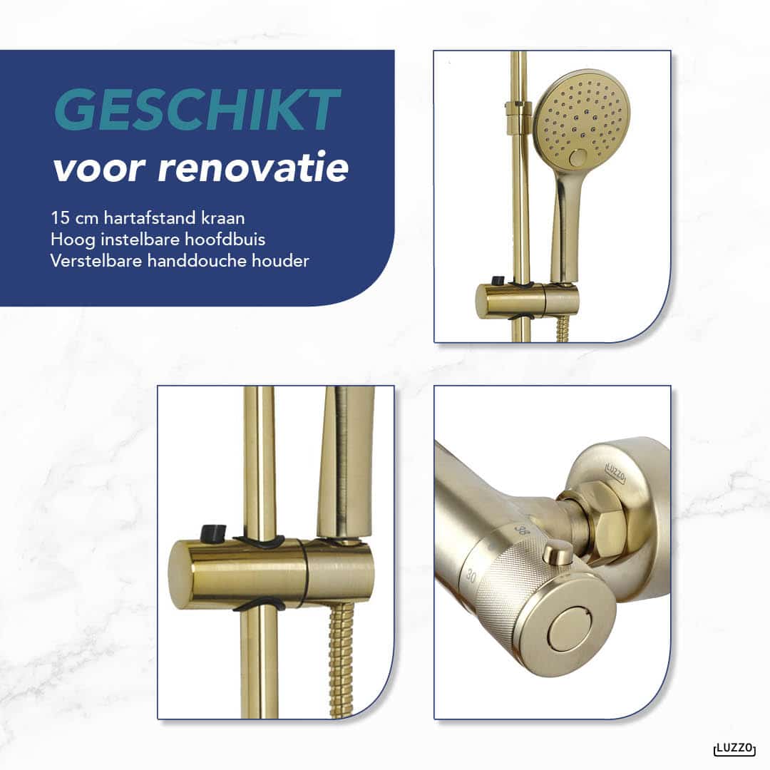 Luzzo® PVD Regendouche Brushed Brass met thermostaatkraan - 25cm