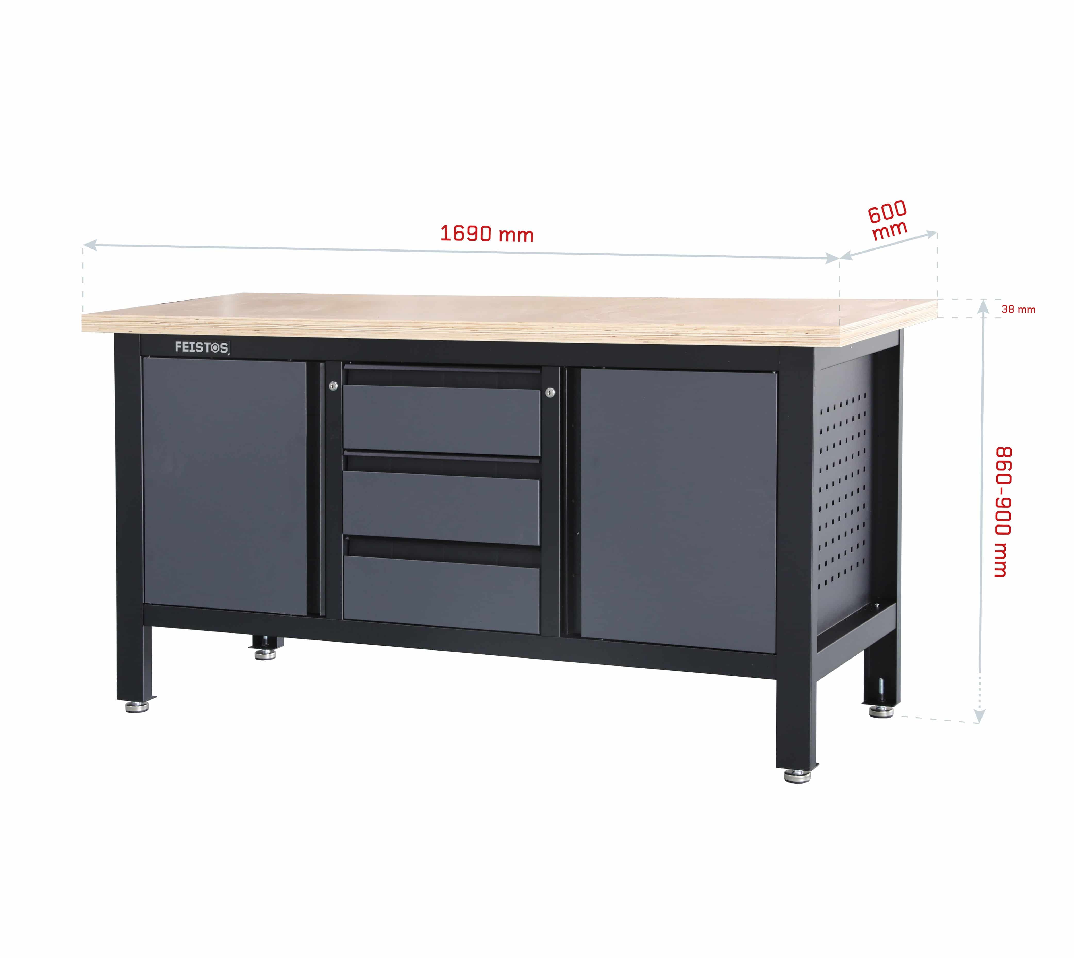 Feistos Werkbank Heros 2 inclusief geperforeerde wand - 169x60x87cm - Antraciet/zwart