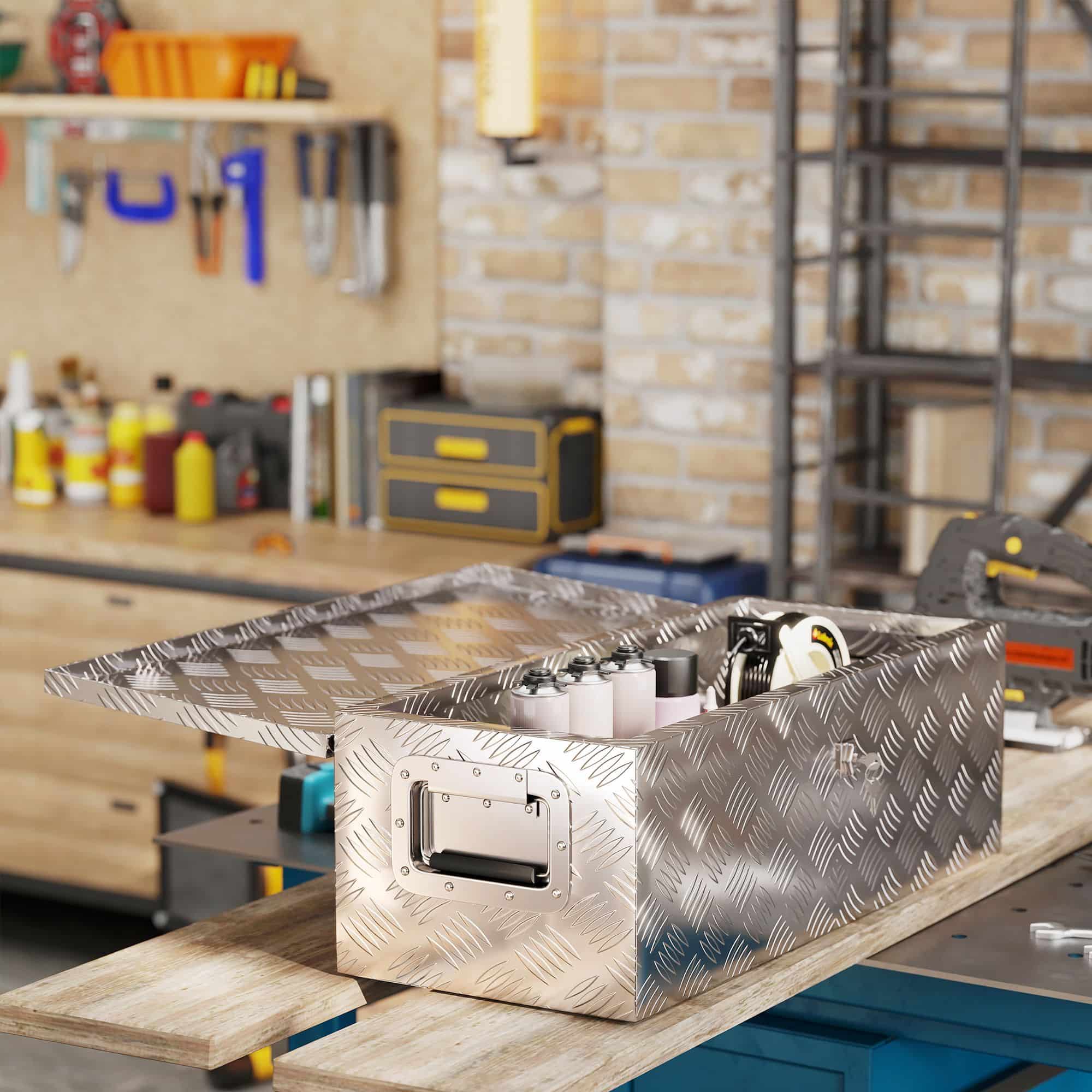 Gereedschapskist werkkist aluminium - veilig met slot - 76x33x25 cm - zilver