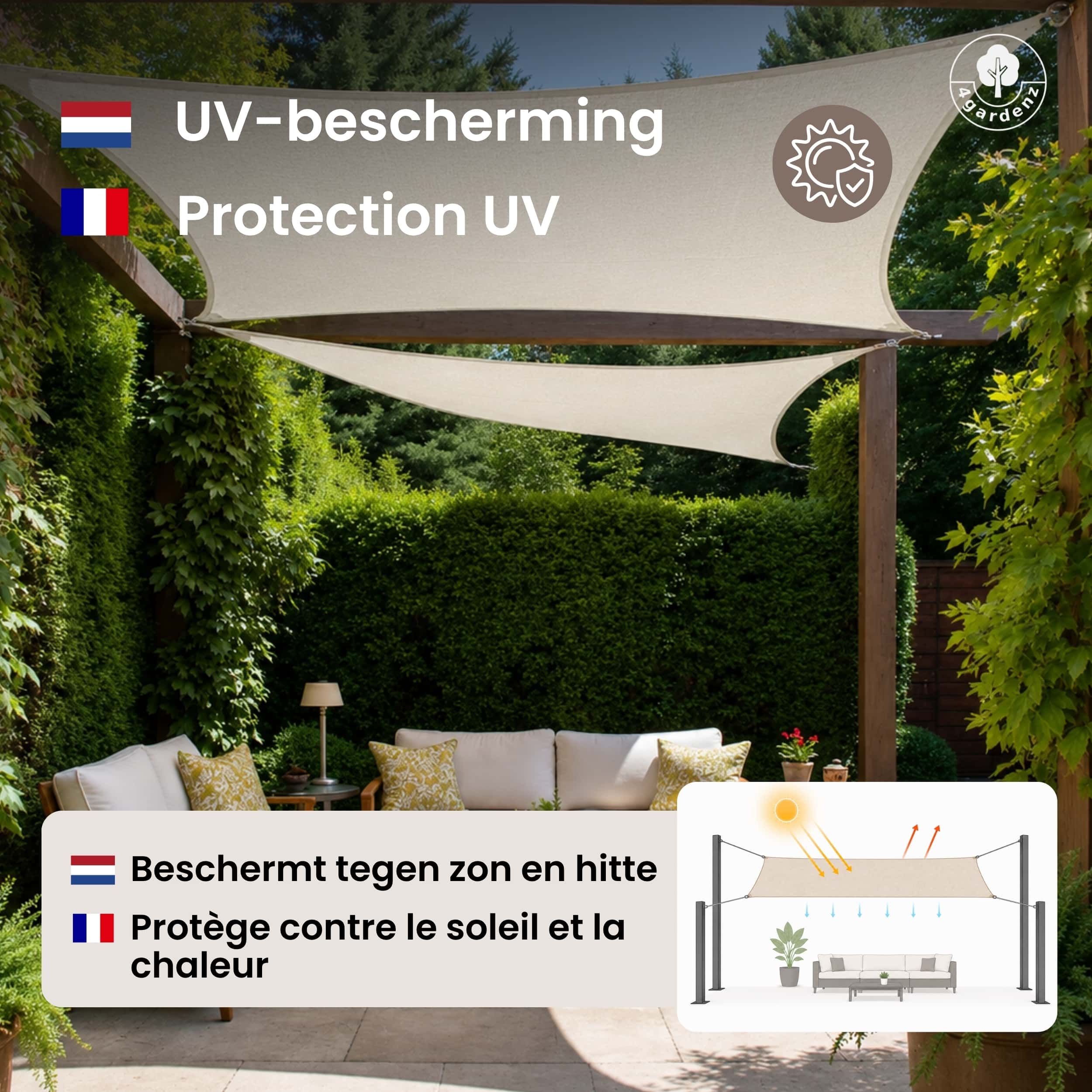 4gardenz Schaduwdoek Waterdoorlatend Rechthoek 5x6 mtr - Crème