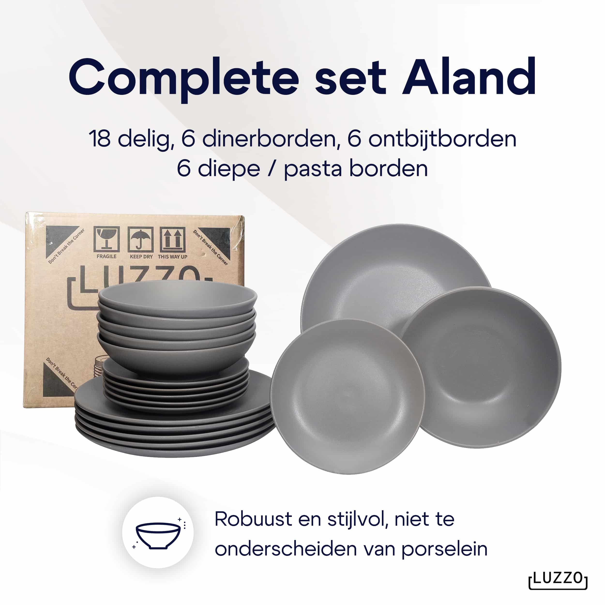 Luzzo® Serviesset Aland 6 persoons Aardewerk - 18-delig met Pastaborden - Mat Grijs
