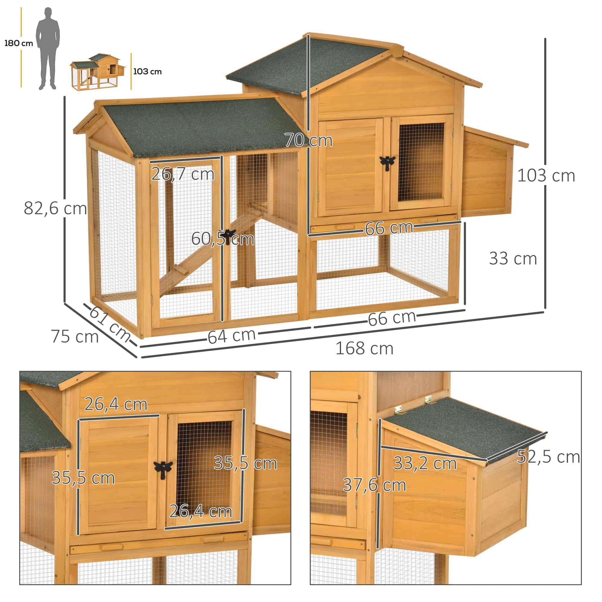 Kippenhok met Uitloop en Nestkast - Hout 168x75x103 cm