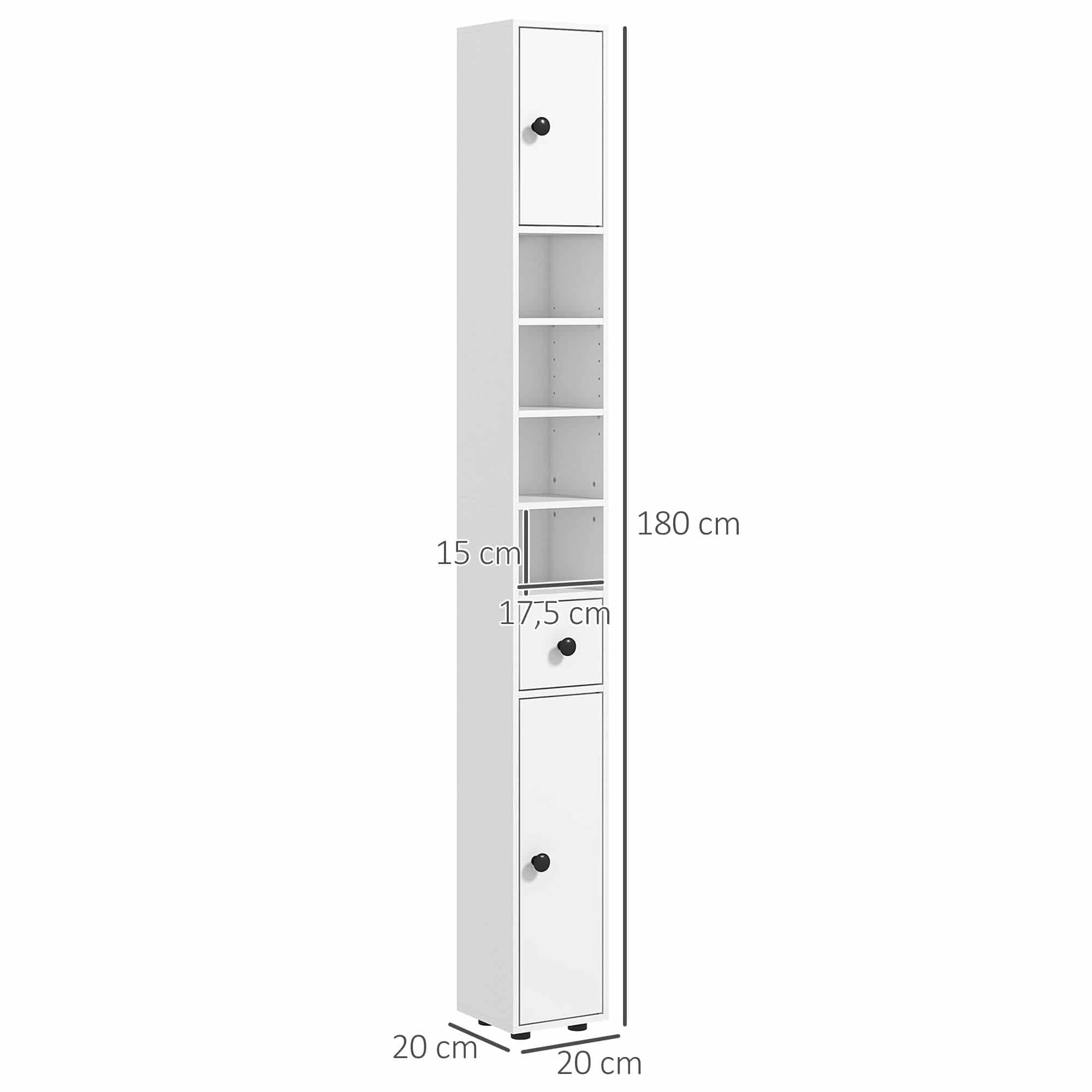 Badkamerkast Smal - 4 planken - lade en 2 draaideuren - Wit