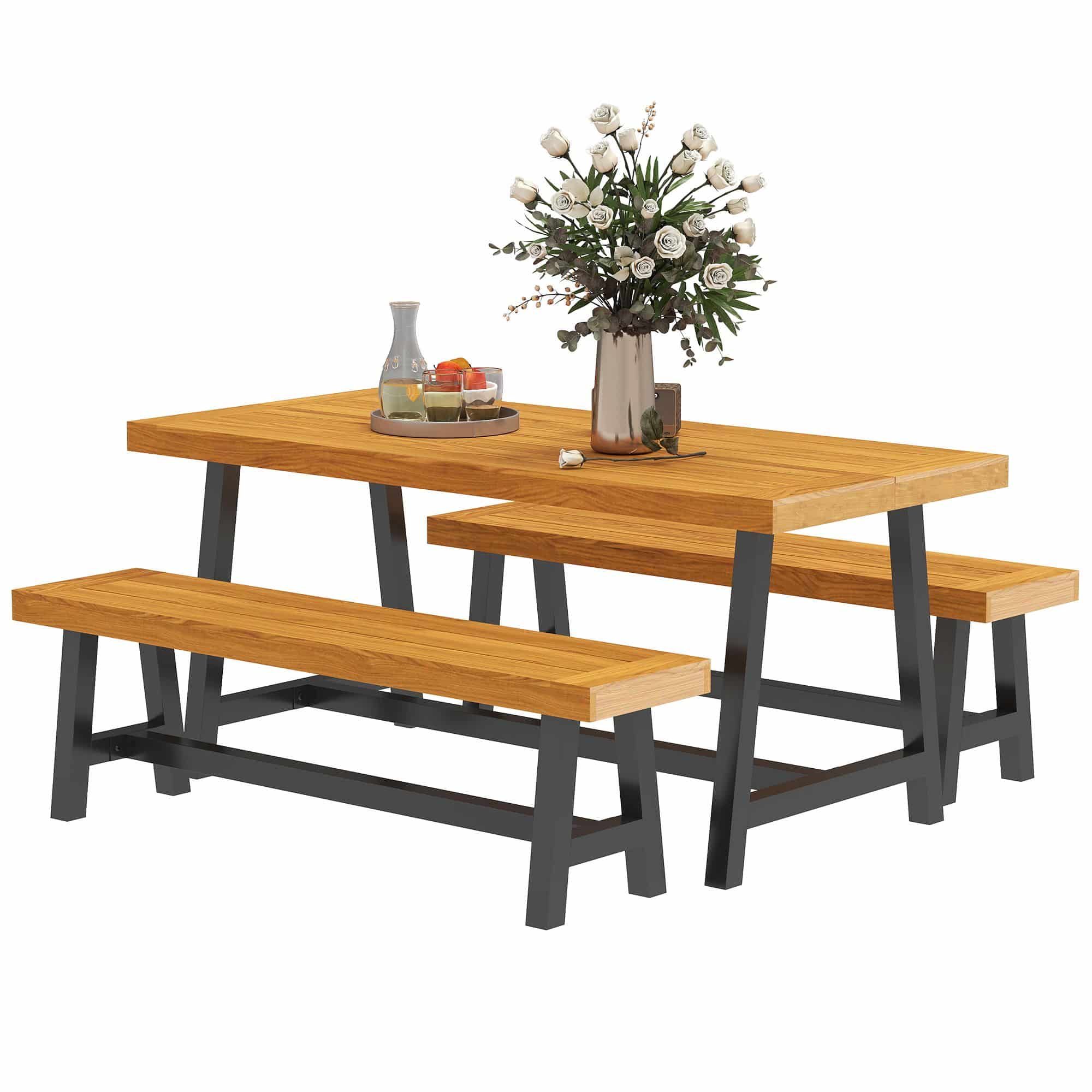Tuintafelset voor 4 Personen met houten tafelblad - Zwart/Bruin