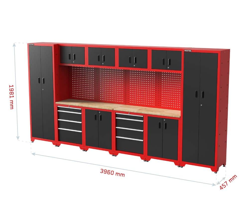Feistos Gereedschapswand Hoge kast Juno 11 - 46x396x198cm - Zwart/Rood