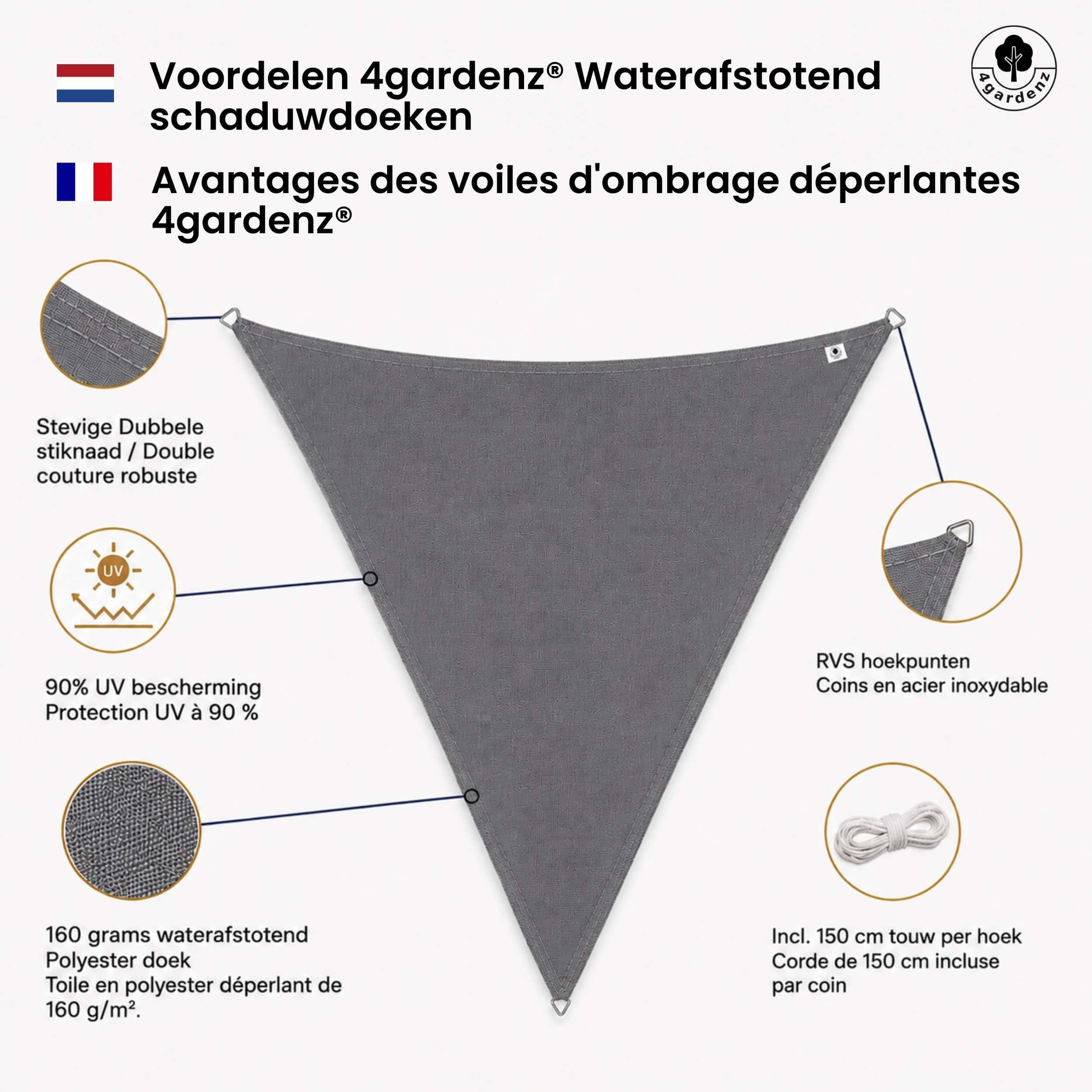 4gardenz Schaduwdoek Waterafstotend Driehoek 3x3x3 mtr - Grijs