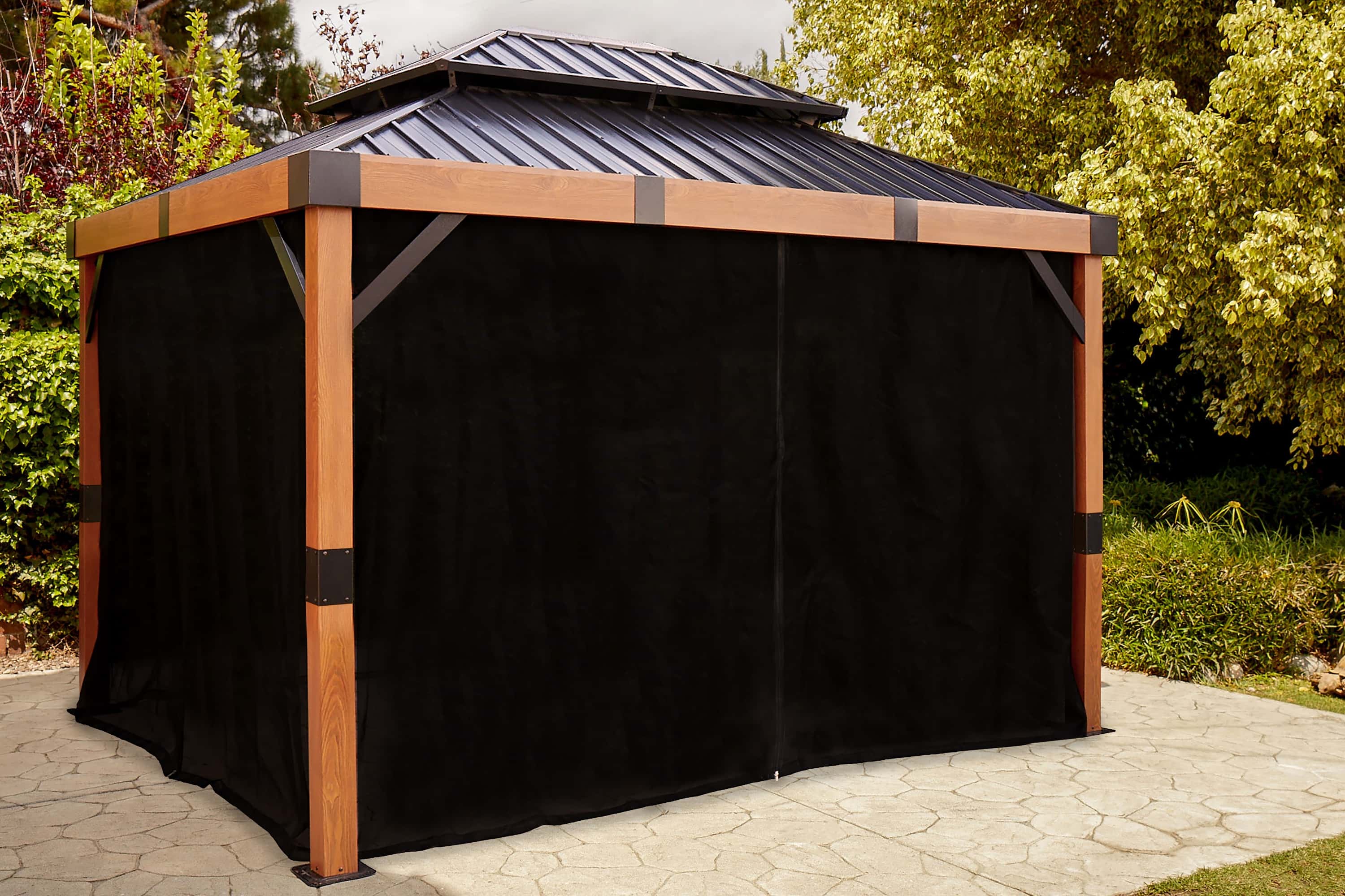 Sojag Fontana Aluminium Paviljoen met hard dak en muggennet - Houtlook/Zwart