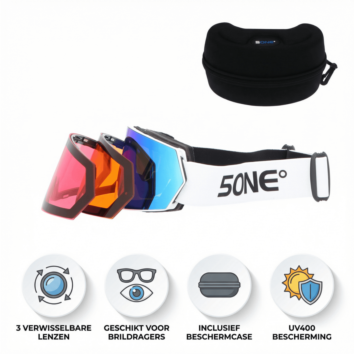 5one® Skibril Alpine 6 Bleu Raspbery Medium Skibril met wit montuur met 3 lenzen