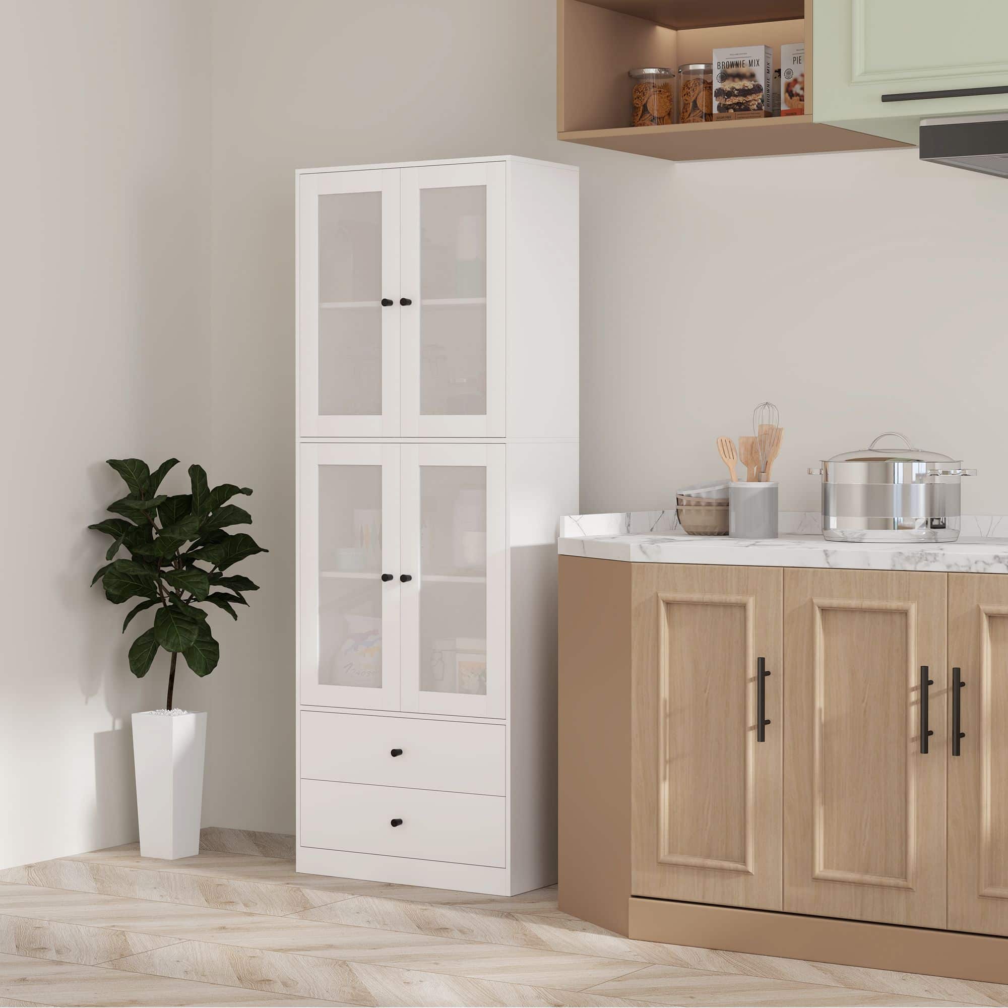 Keukenkast Buffetkast Hoog met 2 matglas deuren 30x59x170 cm - Wit