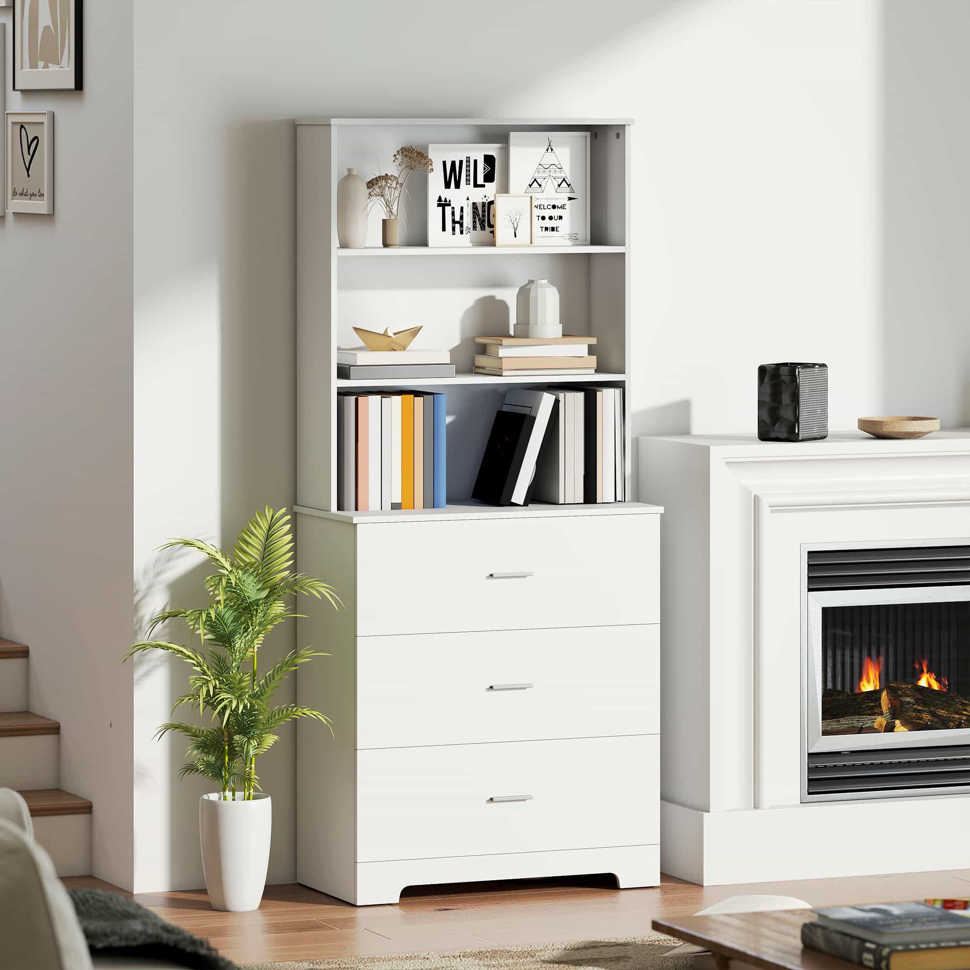 4goodz Boekenkast Hoge kast Vitrinekast met 3 lades - 3 open vakken - 79x39,5x180 cm - Wit