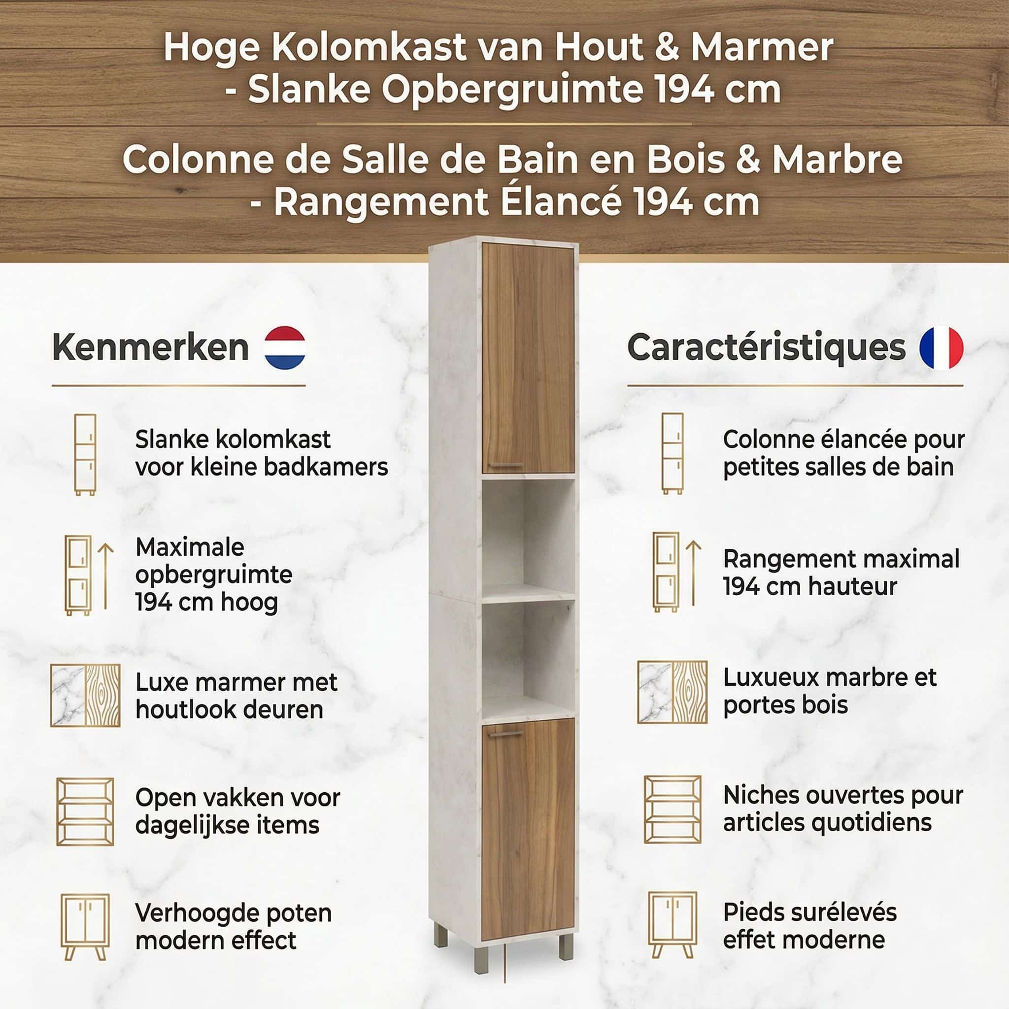 4bathroomz Badkamer kolomkast Lugano marmerlook – 194 cm hoog - Marmer/Houtlook 4bathroomz Badkamer kolomkast Lugano marmerlook – 194 cm hoog - Marmer/Houtlook