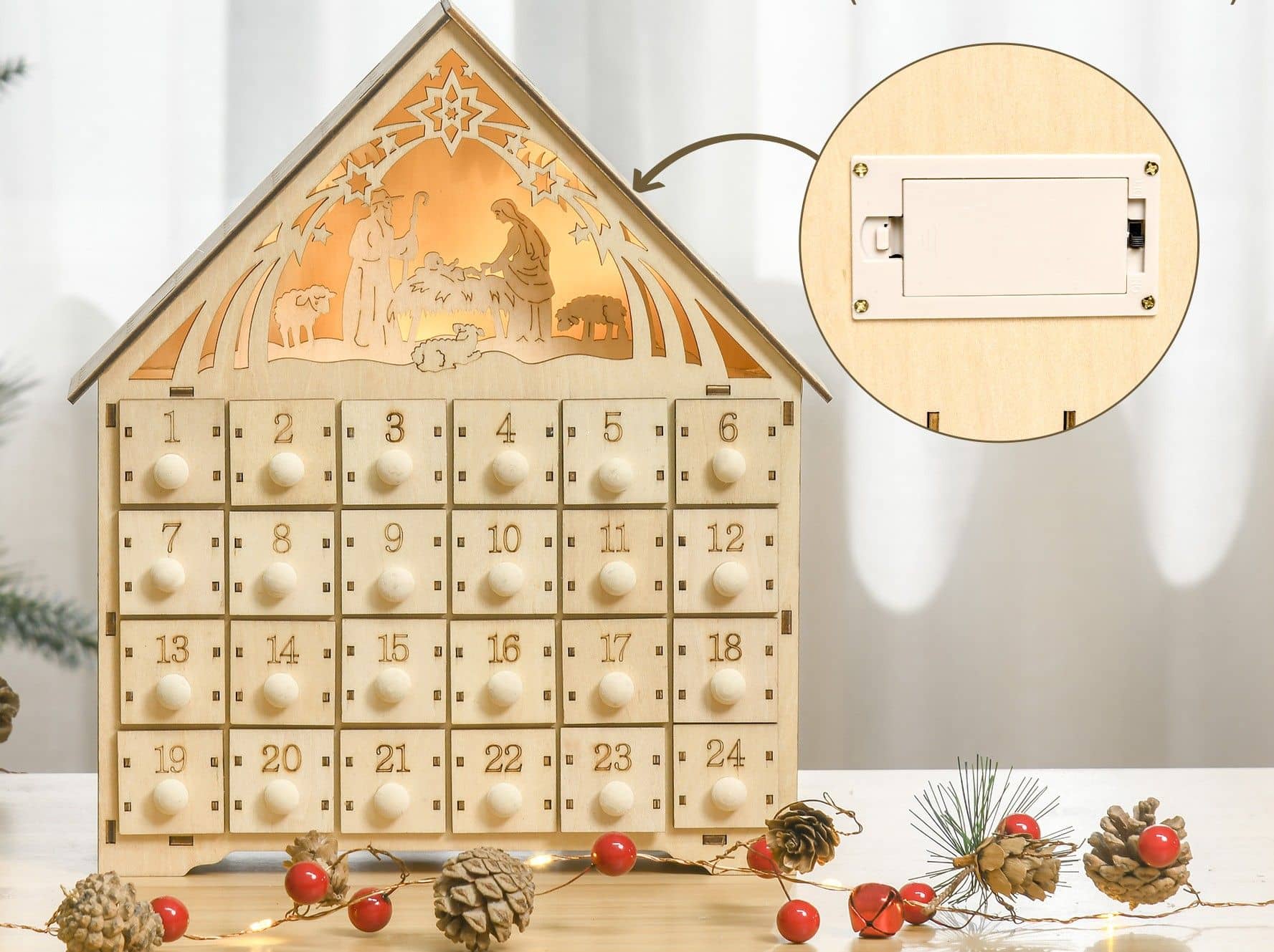 Adventskalender met LED-verlichting 24 laden 26x30 cm