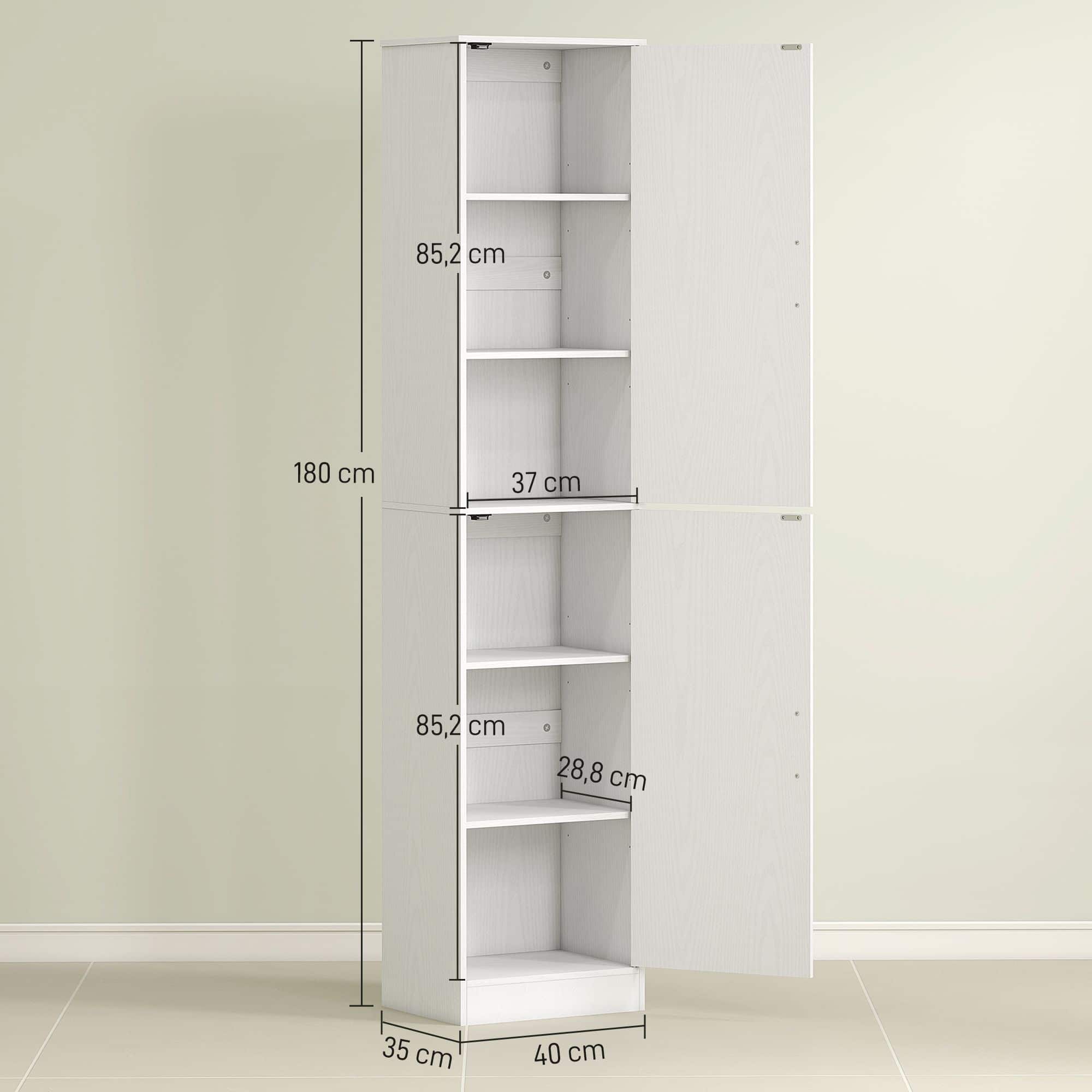 180 cm Hoge Badkamerkast met 2 deuren - 4 Verstelbare Planken - Wit