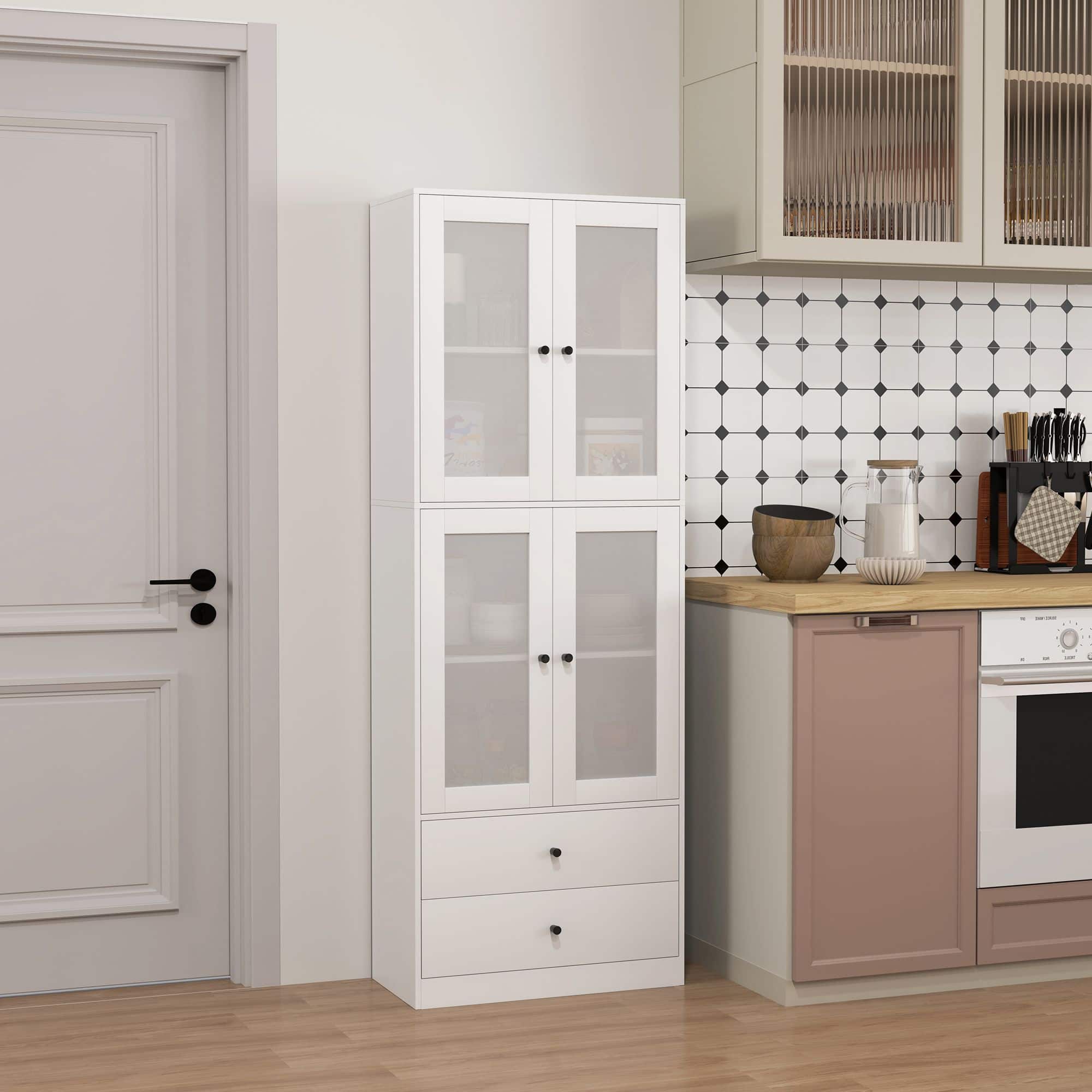 Keukenkast Buffetkast Hoog met 2 matglas deuren 30x59x170 cm - Wit