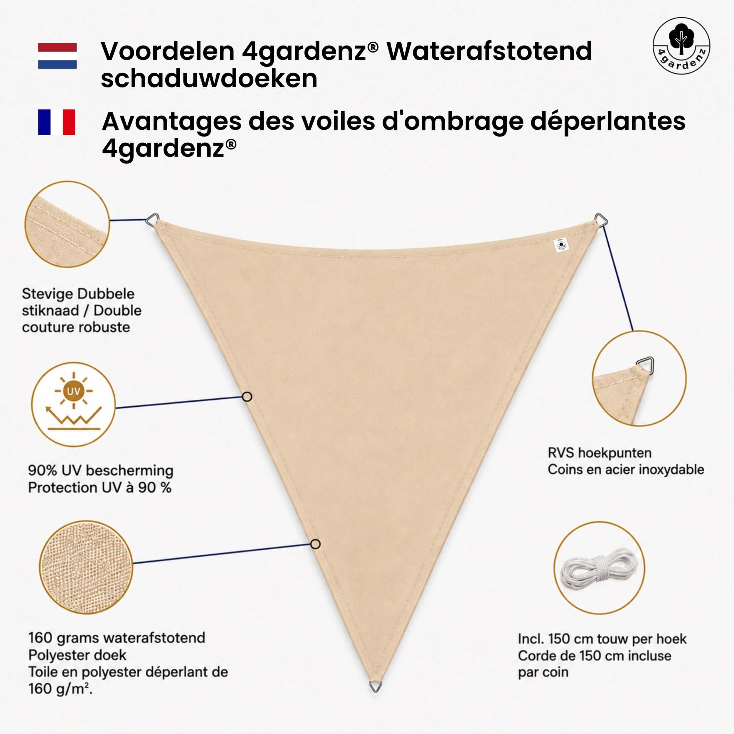 4gardenz Schaduwdoek Waterafstotend Driehoek 3x3x3 mtr - Zand 4gardenz Schaduwdoek Waterafstotend Driehoek 3x3x3 mtr - Zand