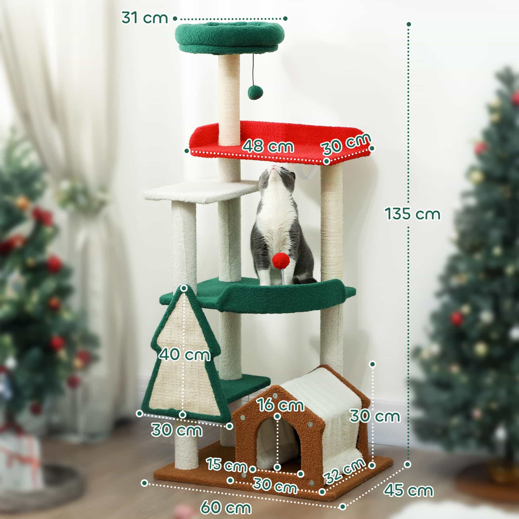 4goodz Katten Krabpaal in Kerst sfeer met kattenhuis springplatforms 4goodz Katten Krabpaal in Kerst sfeer met kattenhuis springplatforms