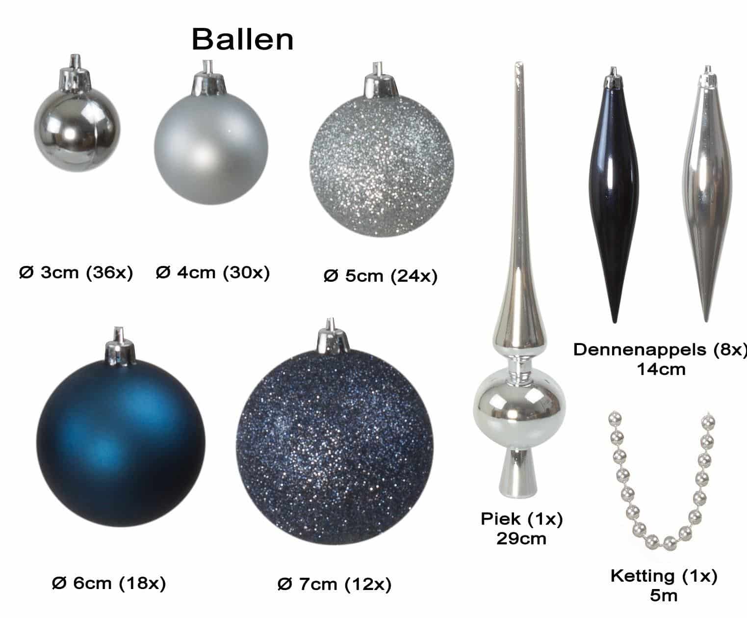 Kunststof Kerstballen set 130 ballen, piek en snoer - Zilver/Staalblauw