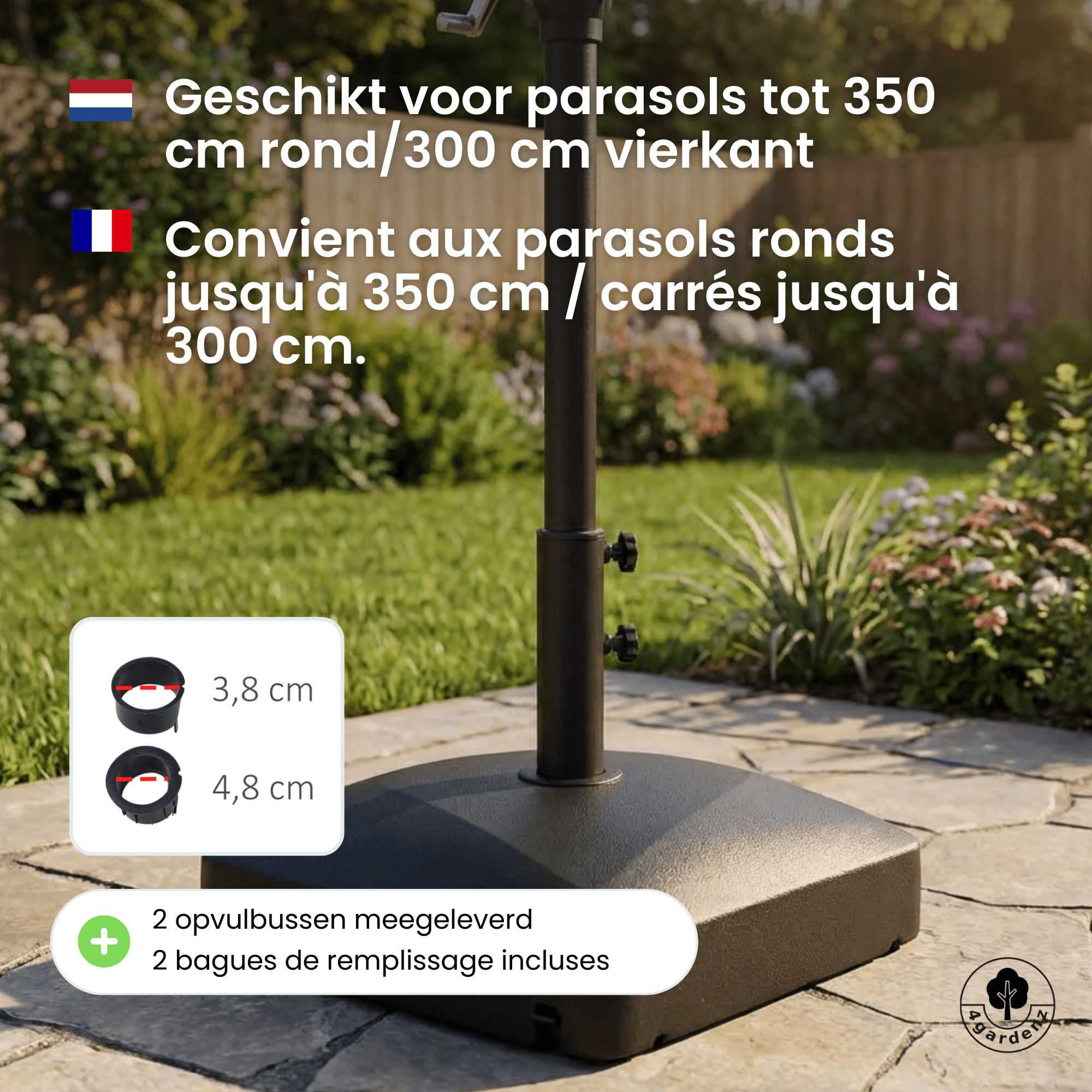 4gardenz Parasolvoet met Wielen voor Ø38/48mm parasols - max 70 kg