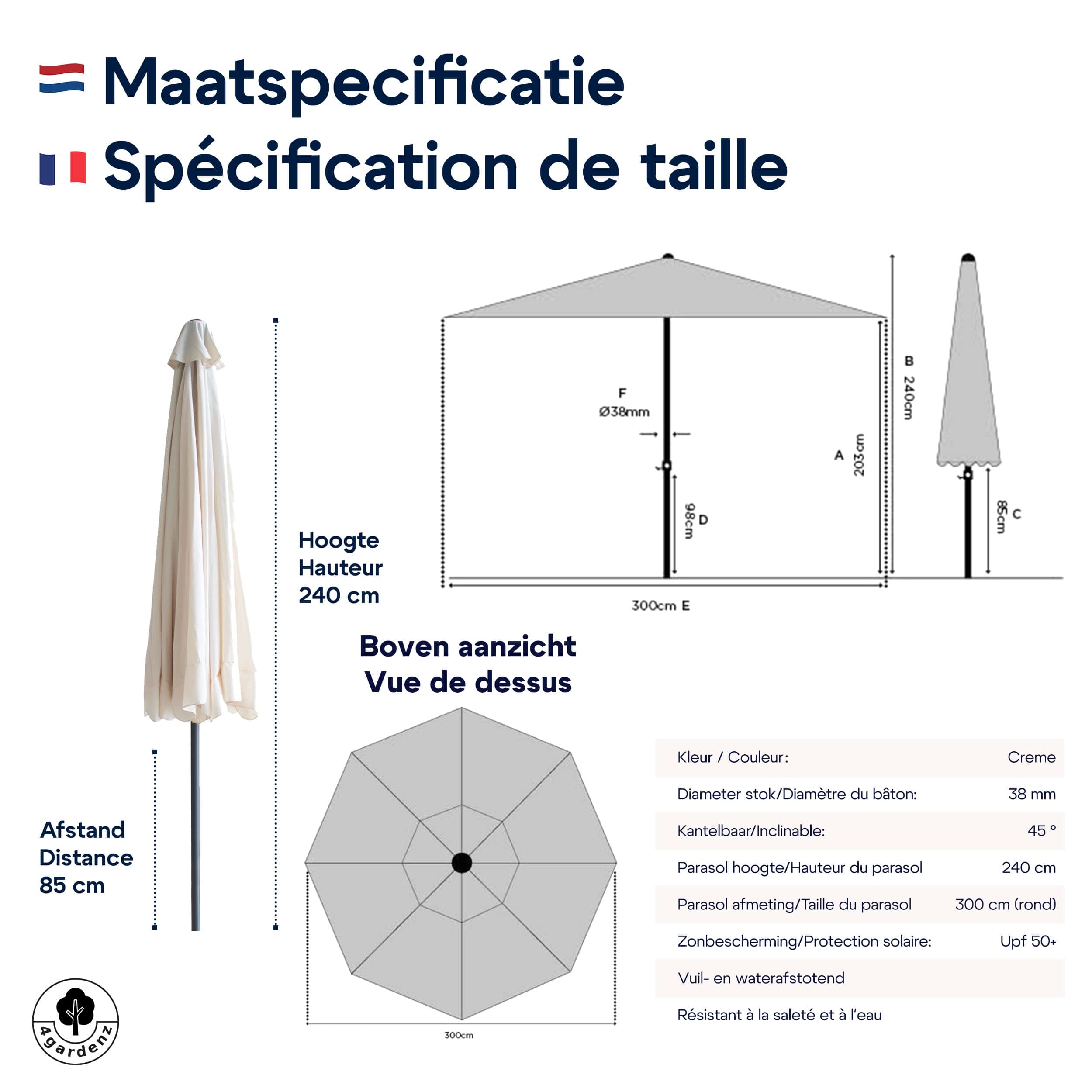 4gardenz® Parasol Rond 300 cm met Volant - Kantelbaar - UPF50+ - Creme