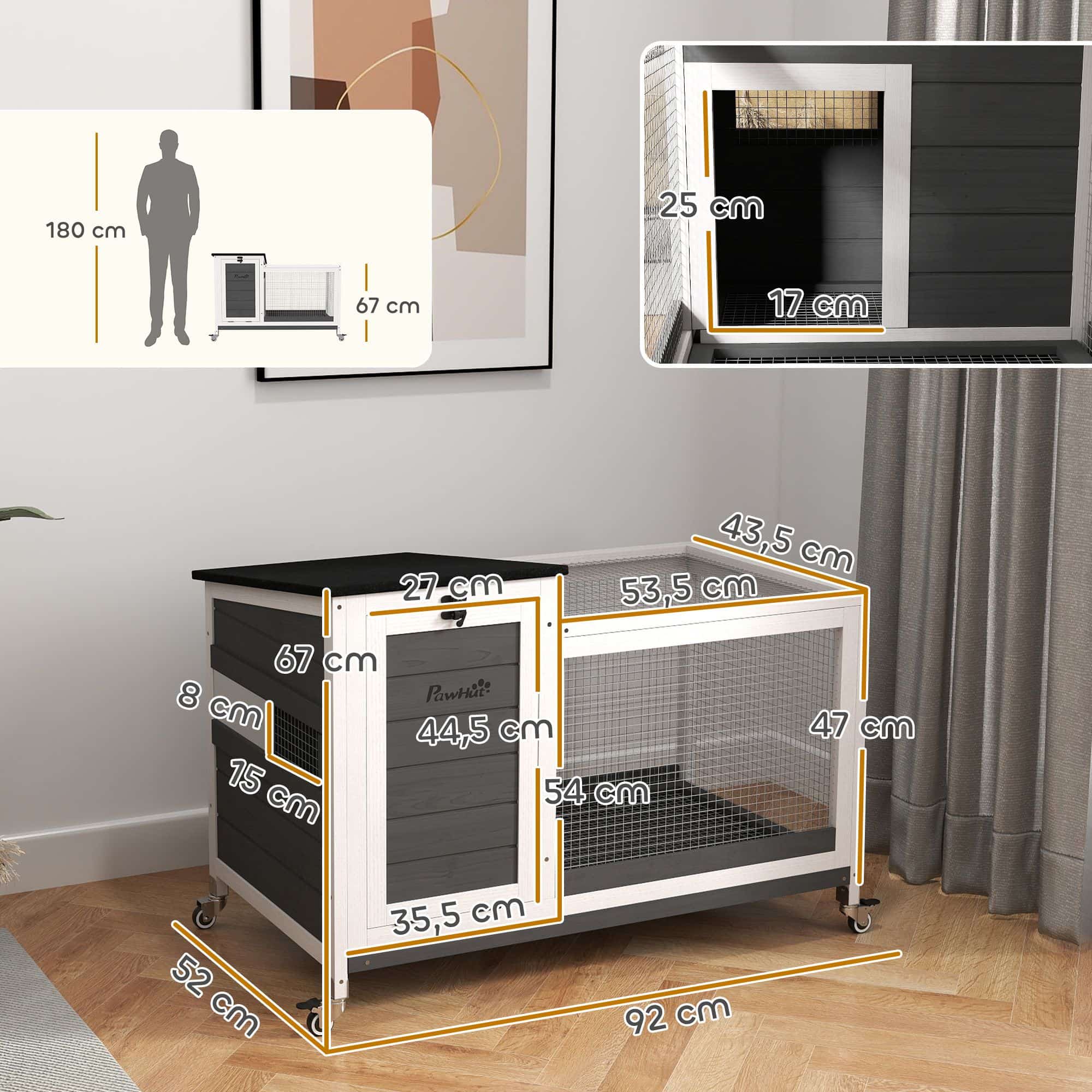 Houten Konijnenhok met Loopgedeelte - voor Binnen &amp; Buiten 92x52x67 cm - Grijs