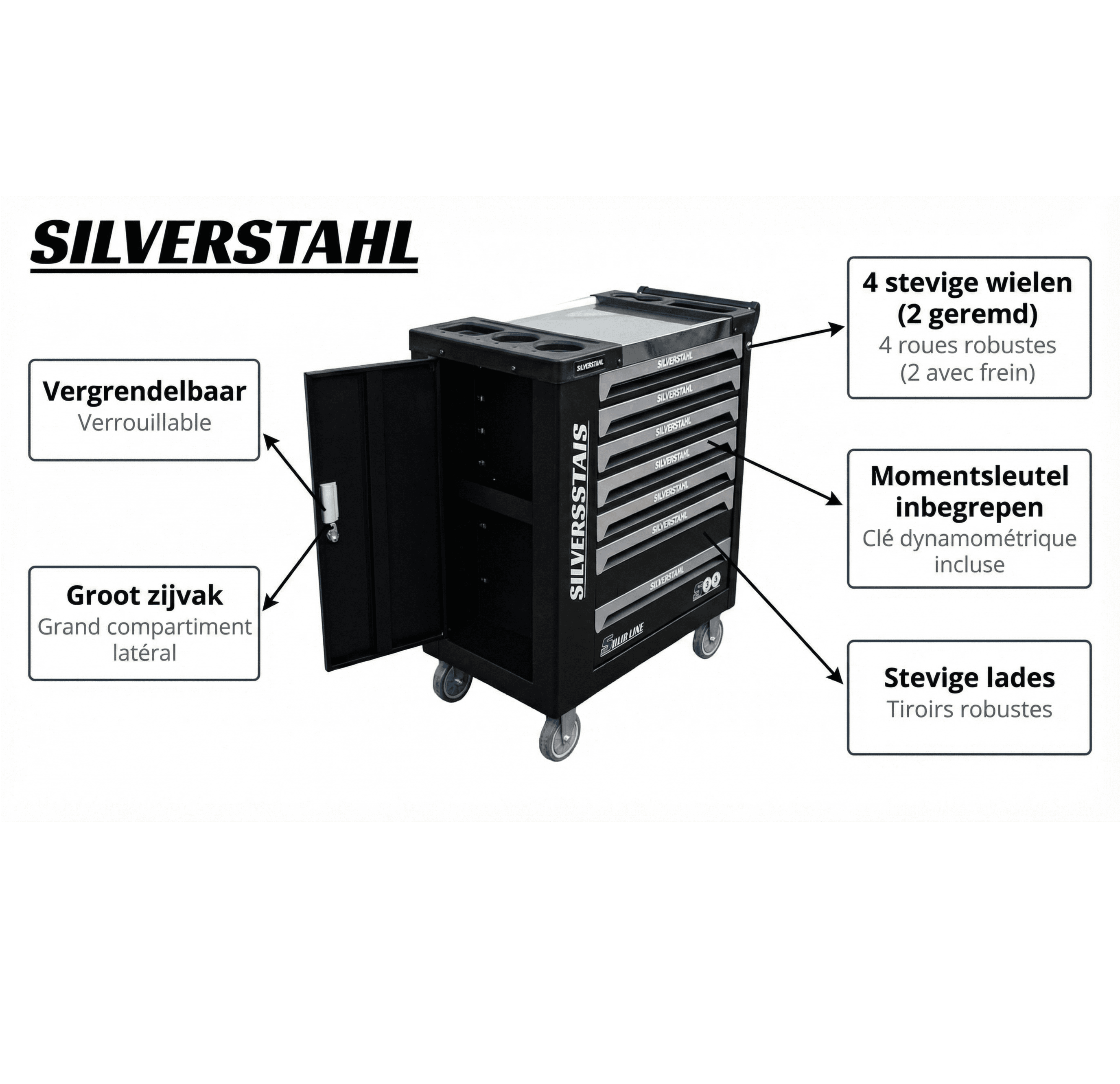 Silverstahl S33 Solid Line 258-delige Stevige Gereedschapswagen met 7 Laden – Afsluitbaar