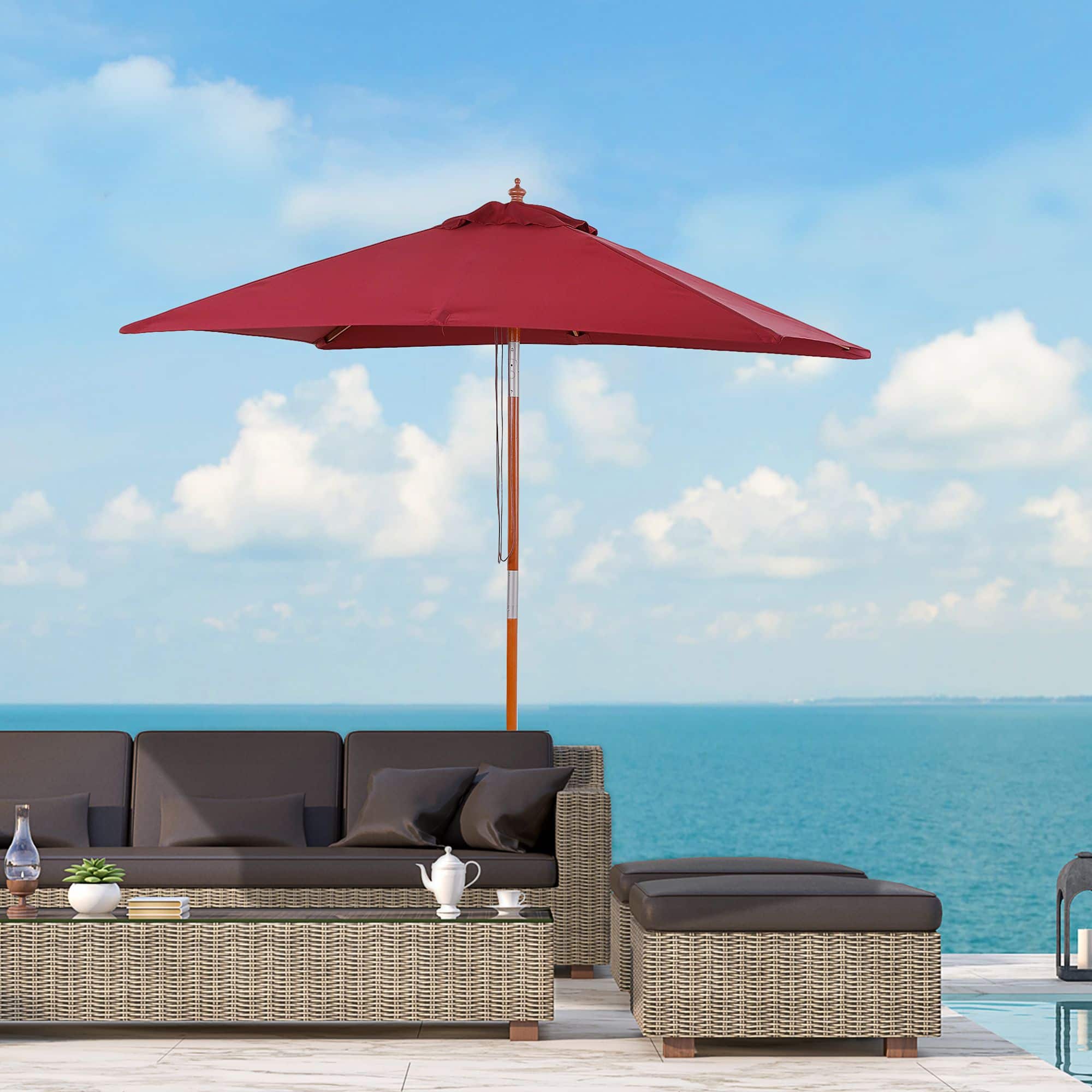 4goodz 3-Delig Kantelbare Parasol Hout Rechthoekig 200x150x230 cm - Wijnrood