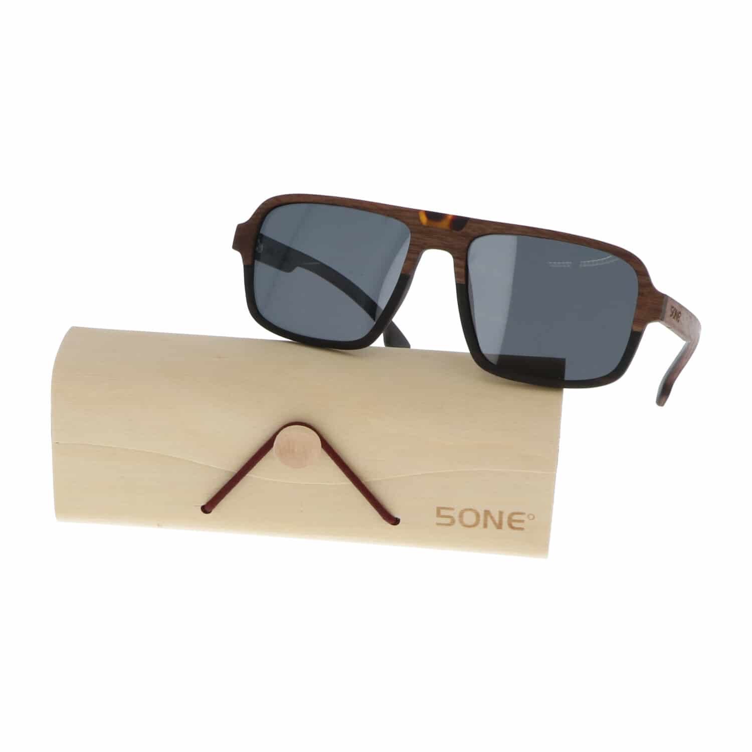 5one® Aviator Walnut Square - walnoot houten zonnebril - grijze lens