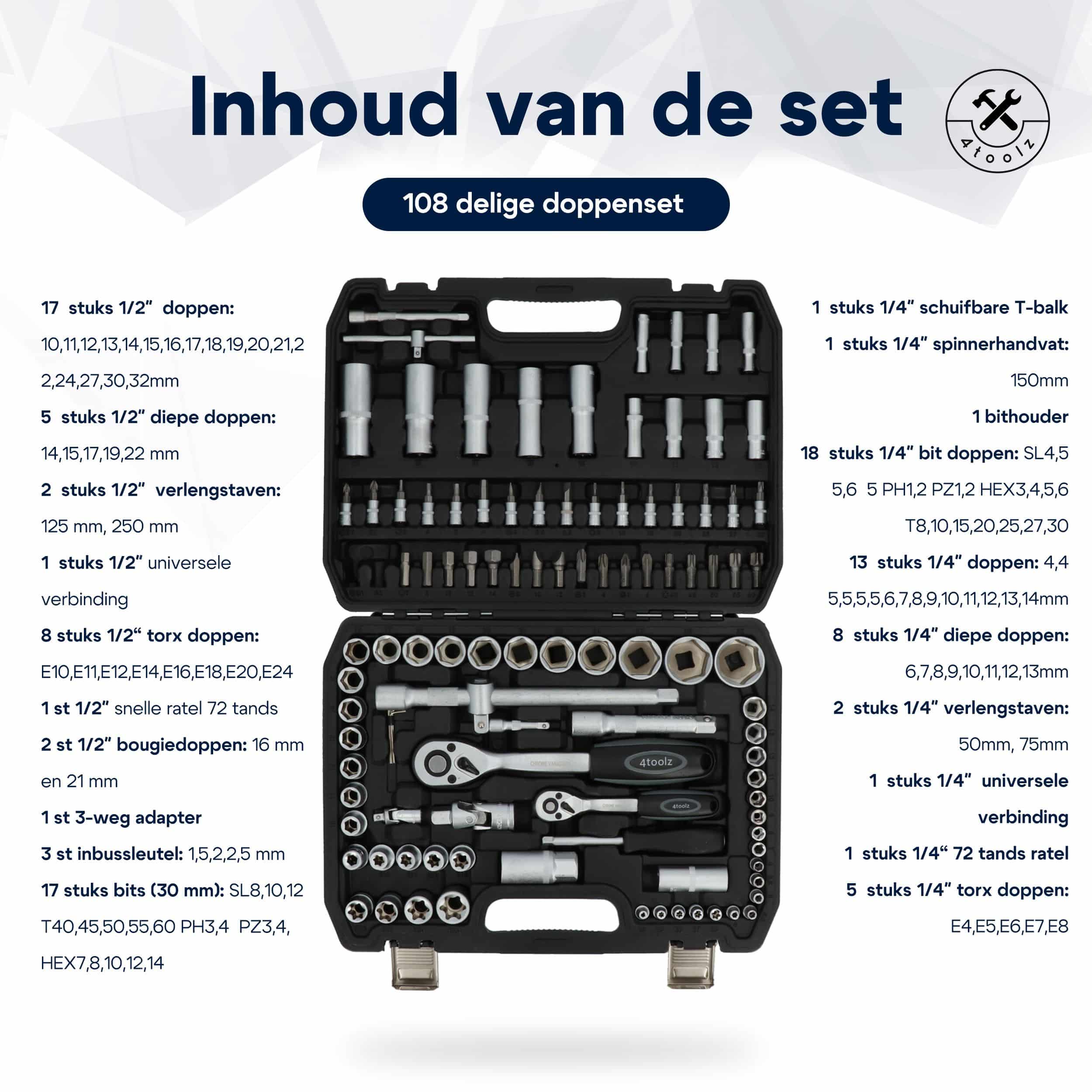4toolz ® Doppenset 108-delig in Koffer - 72 tands Ratels 1/2&quot; en 1/4&#039;&#039; Doppen en Bit-set